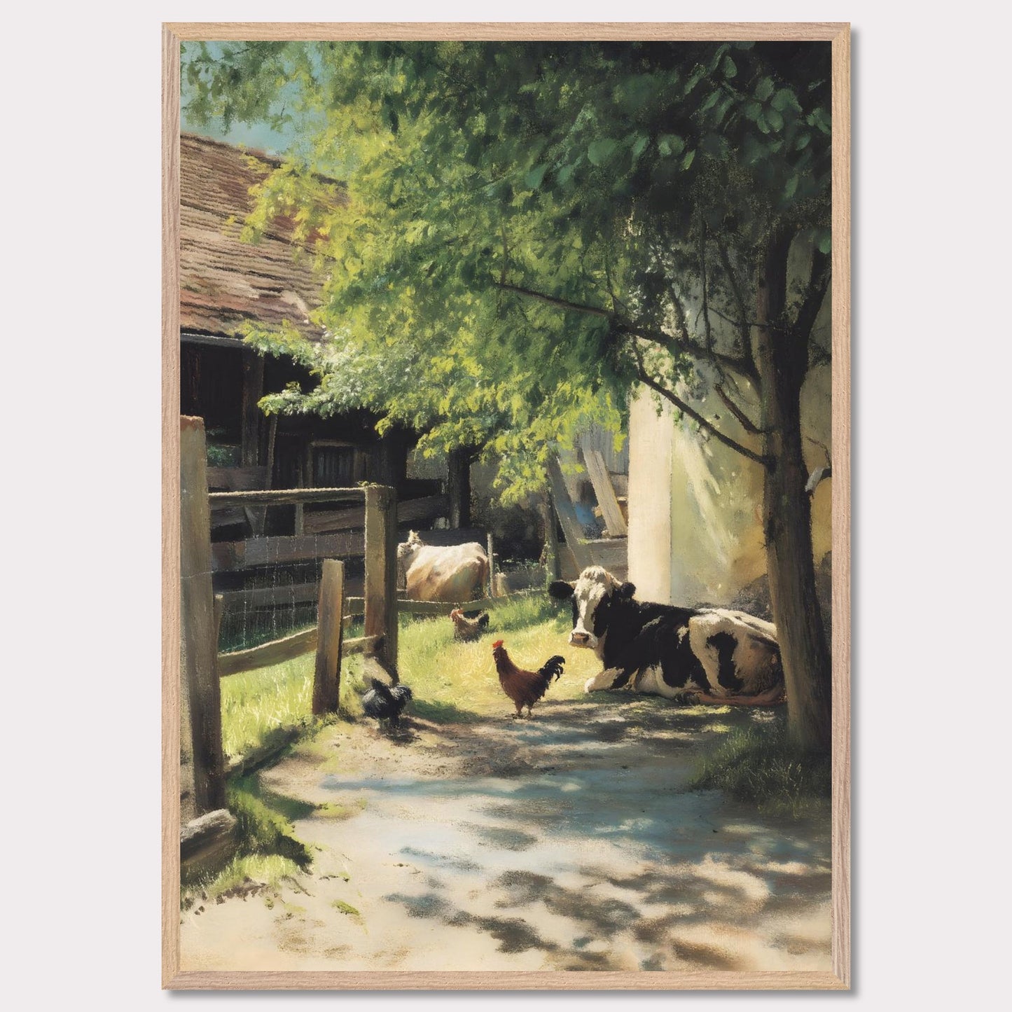 Sunlight filters through the trees over a peaceful farmyard. Cows and chickens relax in dappled shade, a humble scene of daily life in the Alps. The rhythm is slow, and everything is exactly as it should be.