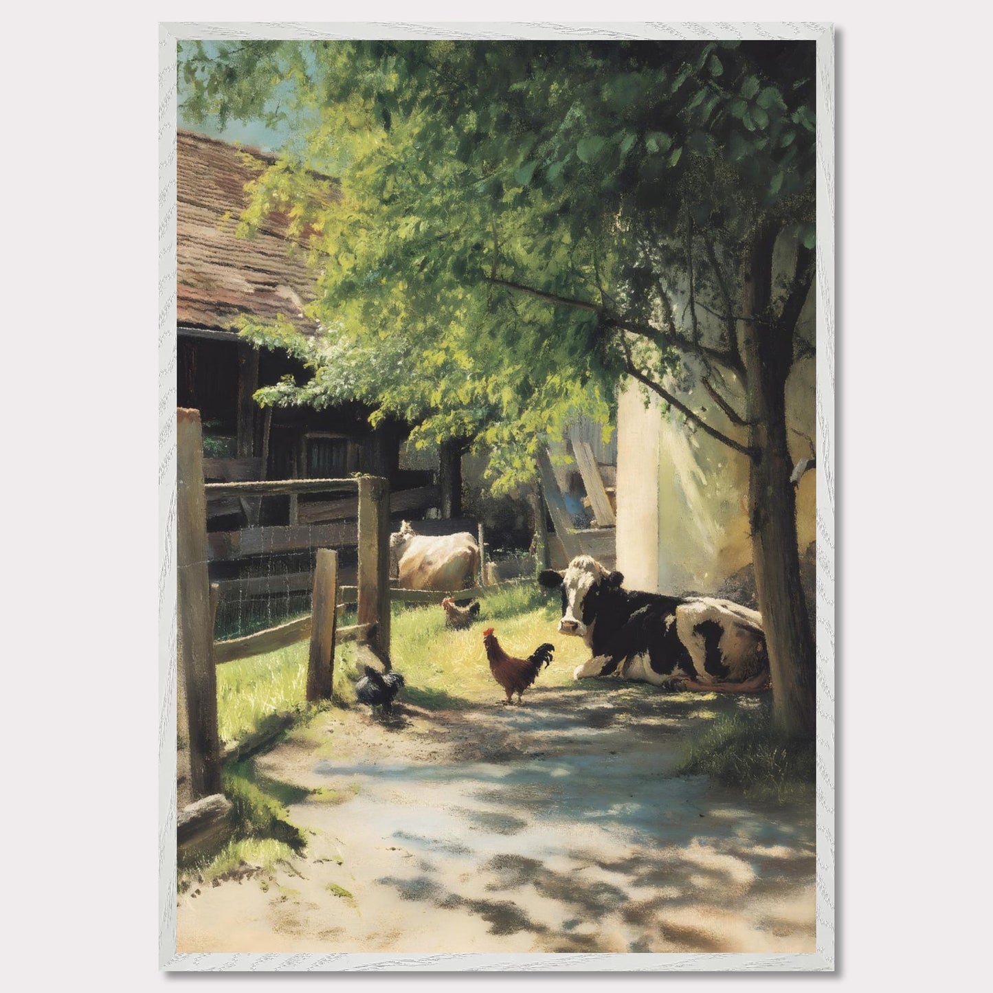 Sunlight filters through the trees over a peaceful farmyard. Cows and chickens relax in dappled shade, a humble scene of daily life in the Alps. The rhythm is slow, and everything is exactly as it should be.