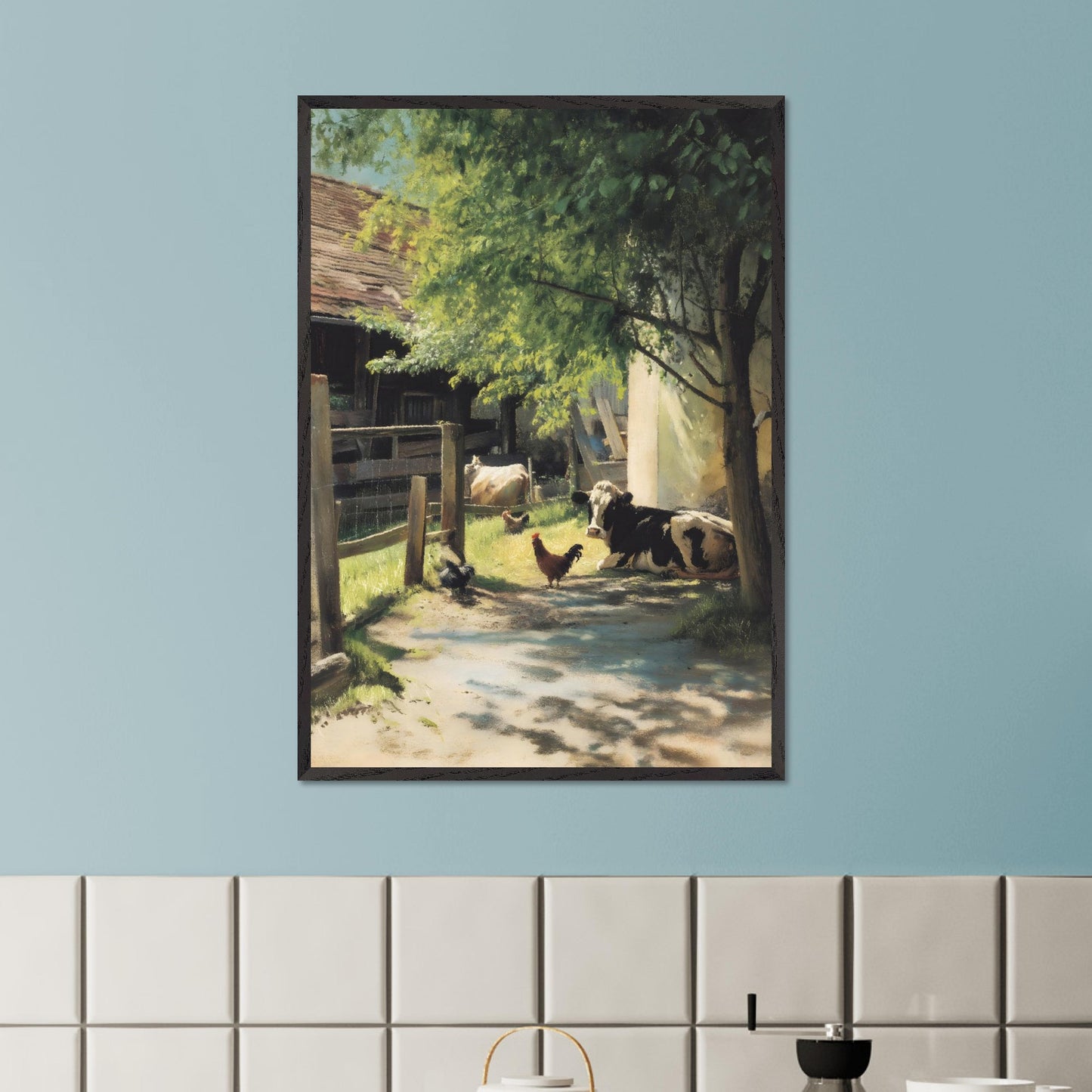 Sunlight filters through the trees over a peaceful farmyard. Cows and chickens relax in dappled shade, a humble scene of daily life in the Alps. The rhythm is slow, and everything is exactly as it should be.