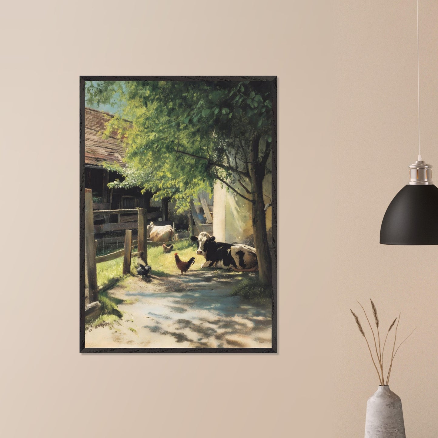 Sunlight filters through the trees over a peaceful farmyard. Cows and chickens relax in dappled shade, a humble scene of daily life in the Alps. The rhythm is slow, and everything is exactly as it should be.