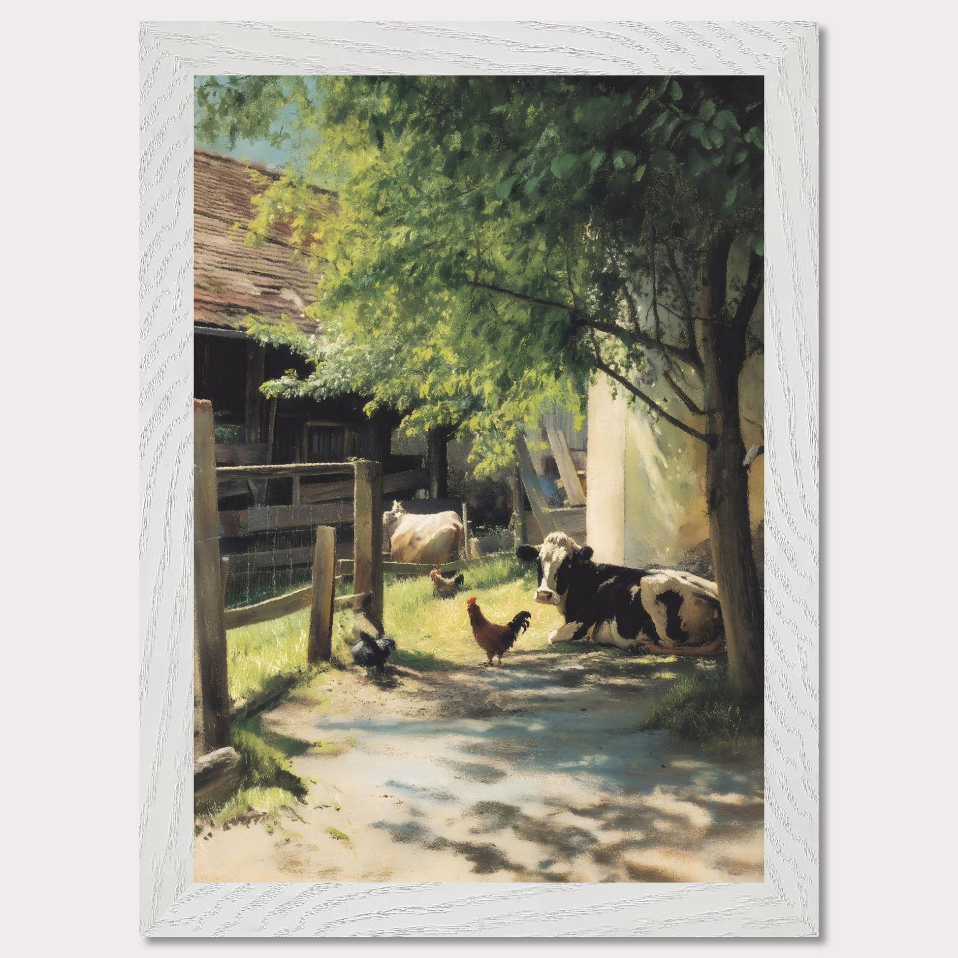 Sunlight filters through the trees over a peaceful farmyard. Cows and chickens relax in dappled shade, a humble scene of daily life in the Alps. The rhythm is slow, and everything is exactly as it should be.