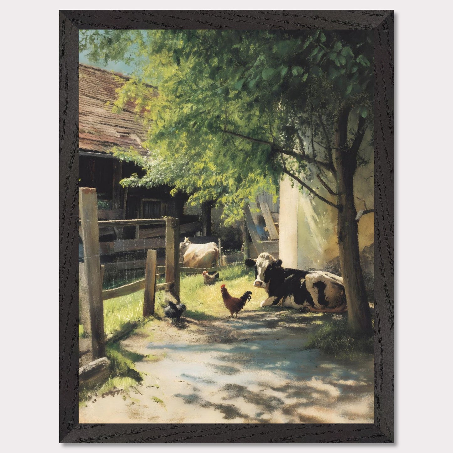 Sunlight filters through the trees over a peaceful farmyard. Cows and chickens relax in dappled shade, a humble scene of daily life in the Alps. The rhythm is slow, and everything is exactly as it should be.
