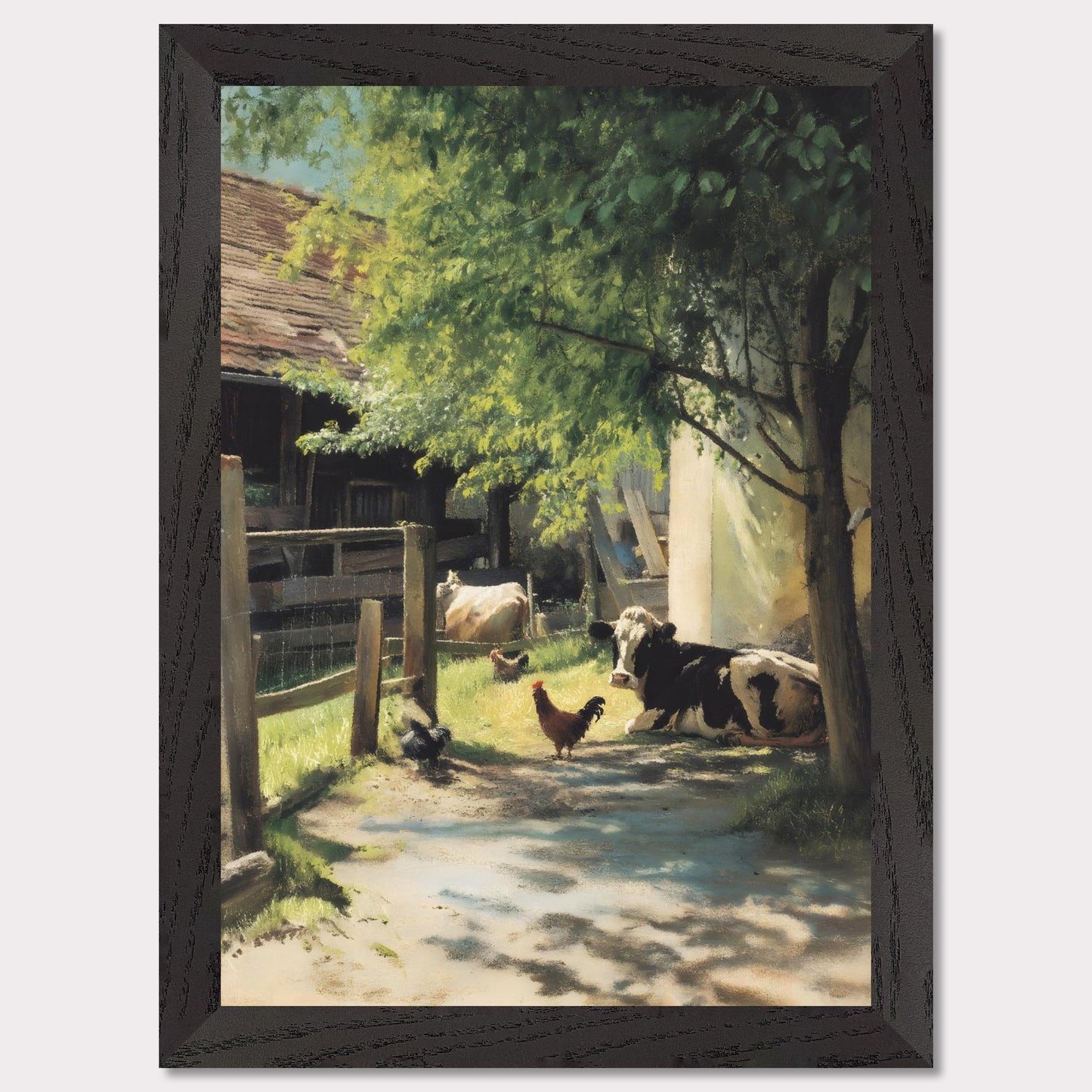 Sunlight filters through the trees over a peaceful farmyard. Cows and chickens relax in dappled shade, a humble scene of daily life in the Alps. The rhythm is slow, and everything is exactly as it should be.