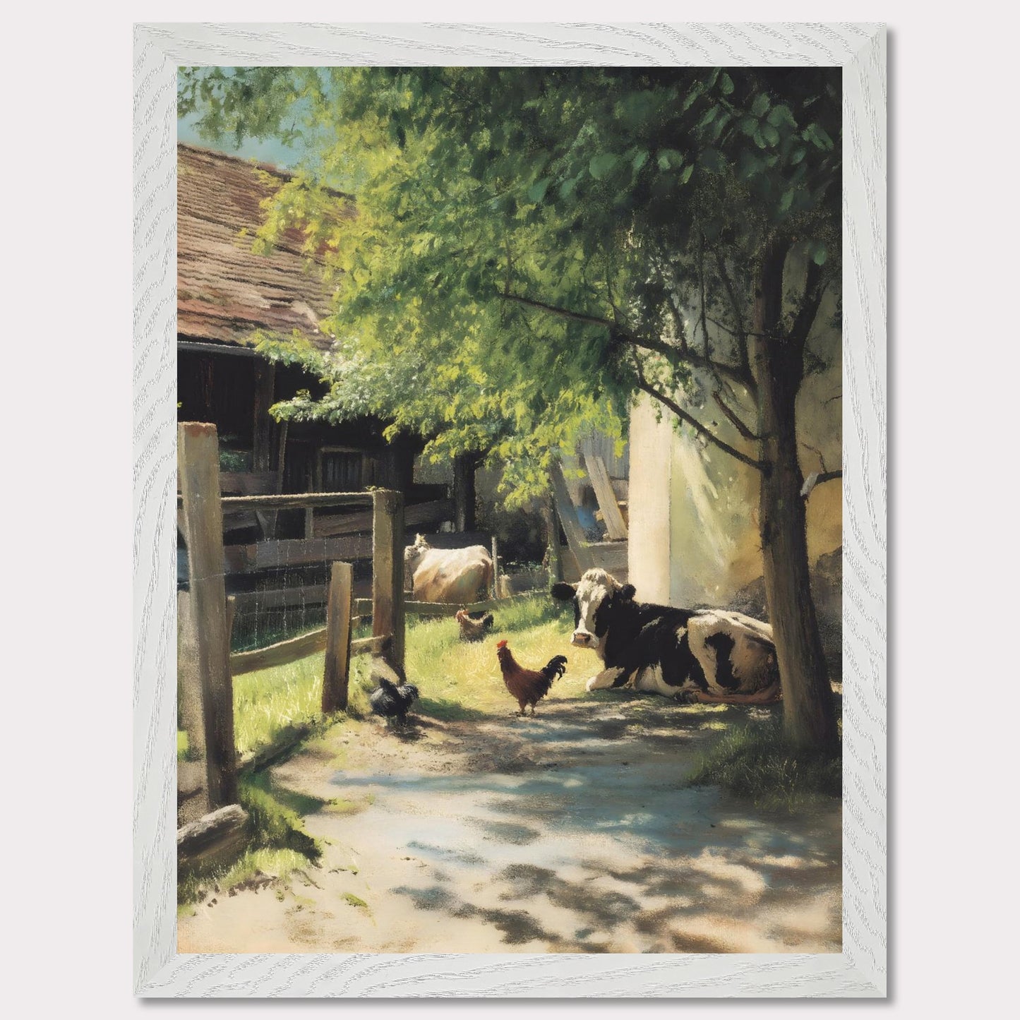 Sunlight filters through the trees over a peaceful farmyard. Cows and chickens relax in dappled shade, a humble scene of daily life in the Alps. The rhythm is slow, and everything is exactly as it should be.