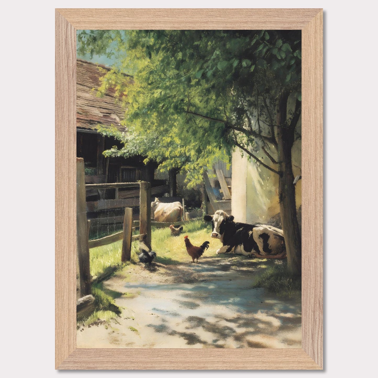 Sunlight filters through the trees over a peaceful farmyard. Cows and chickens relax in dappled shade, a humble scene of daily life in the Alps. The rhythm is slow, and everything is exactly as it should be.