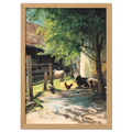 Alps Homestead - Poster featuring a peaceful farmyard with cows and chickens in natural light.