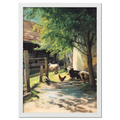 Alps Homestead - Poster featuring a peaceful farmyard with cows and chickens in soft light.