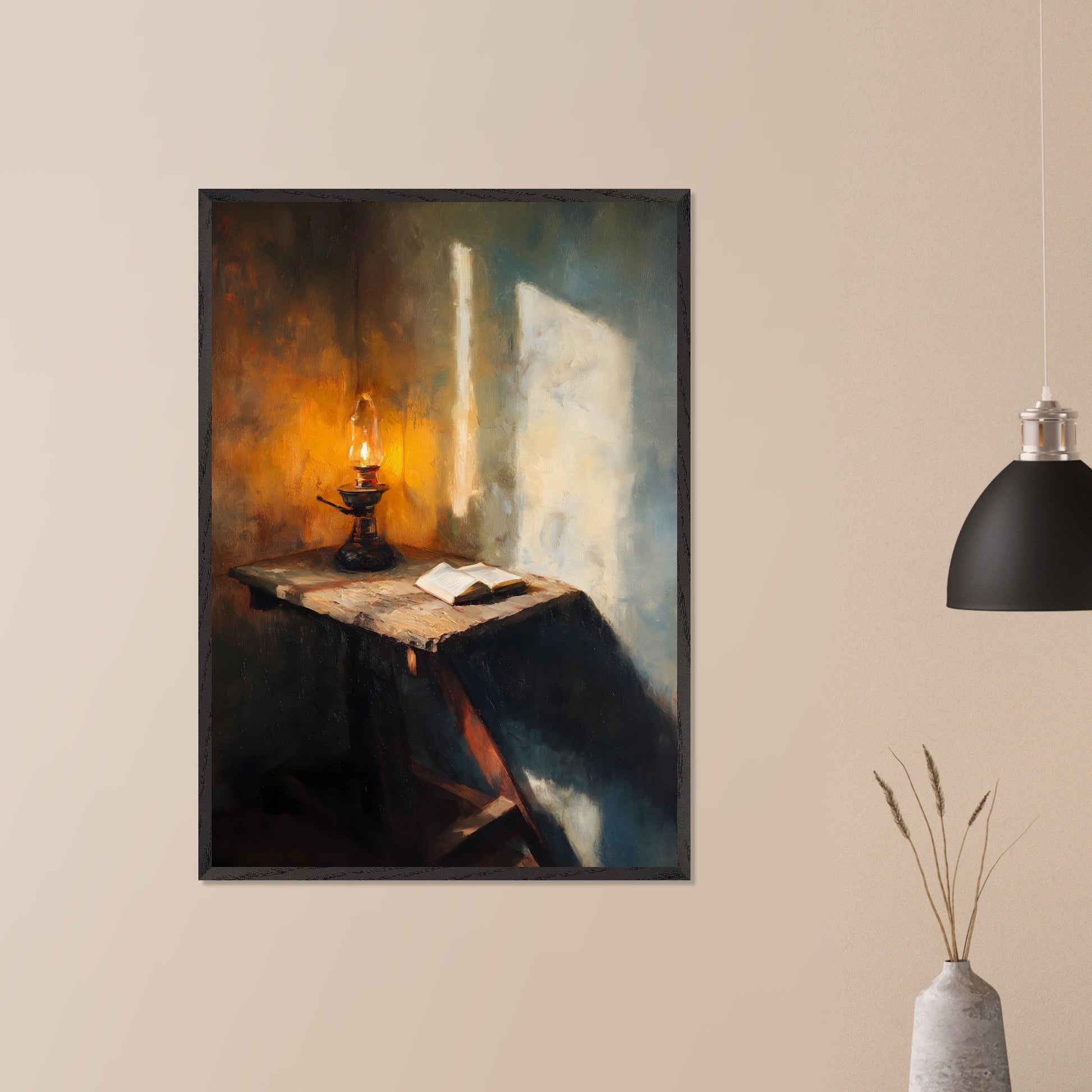 A wooden table, a flickering lamp, and an open book — caught in a slant of light. Shadows stretch across the textured walls, as if listening in. This image is a moment of pause, an ode to evening thought and silent reflection.