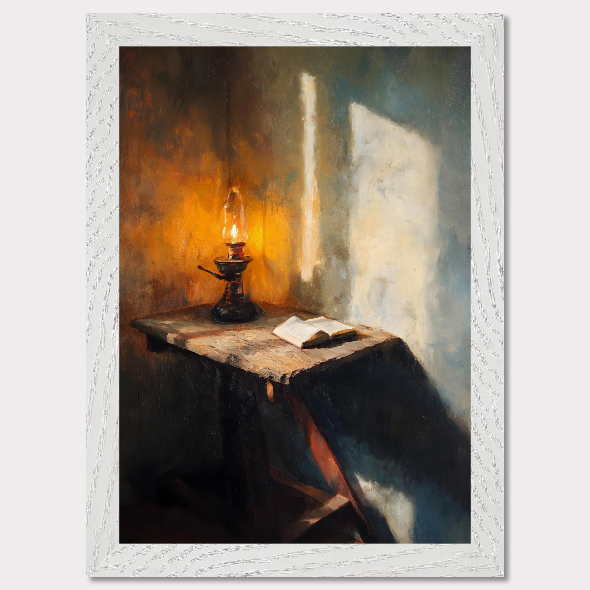 A wooden table, a flickering lamp, and an open book — caught in a slant of light. Shadows stretch across the textured walls, as if listening in. This image is a moment of pause, an ode to evening thought and silent reflection.