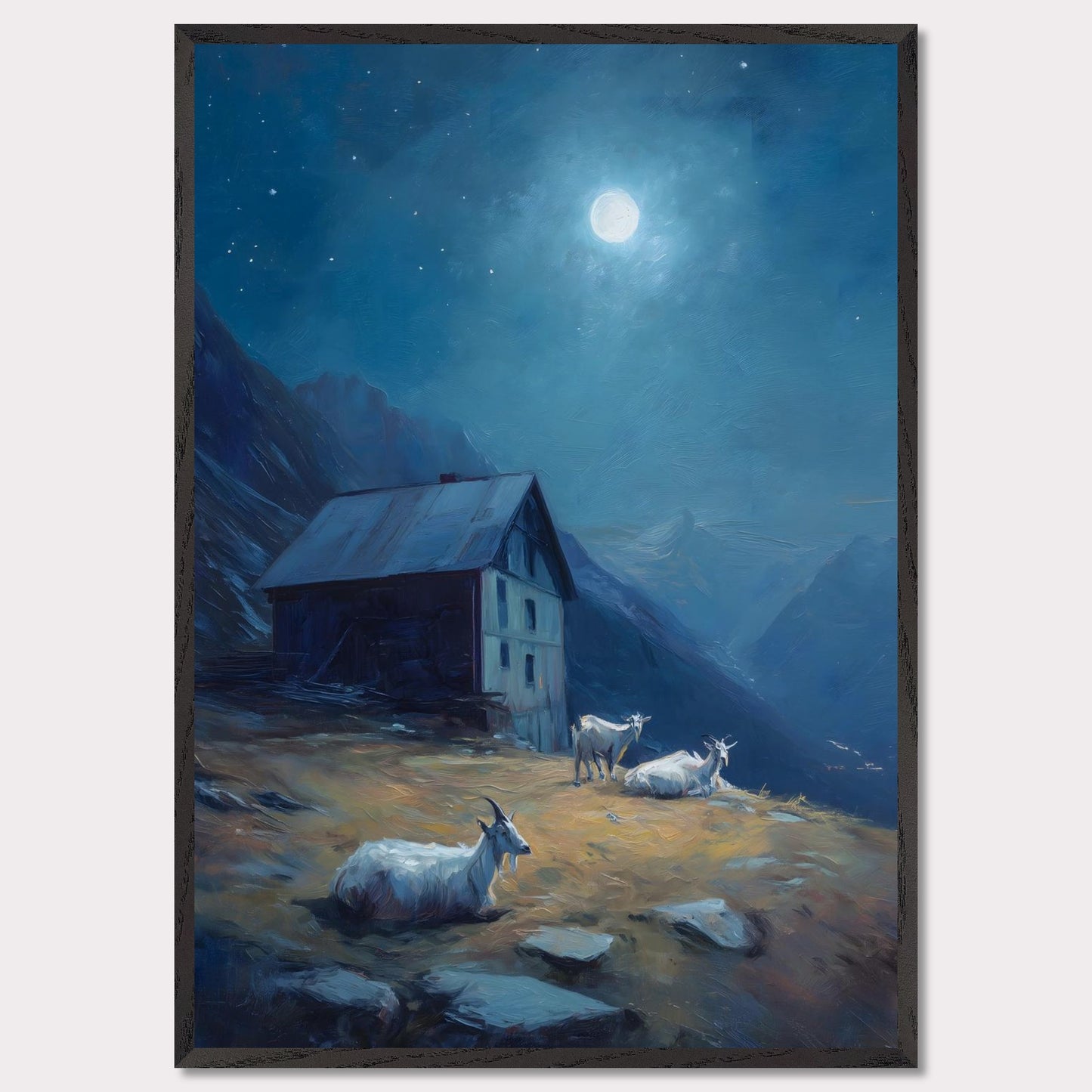 Under a deep blue sky scattered with stars, a mountain slope glows with soft amber light. Goats roam quietly near a rustic alpine hut. This is a portrait of calm routine under a grand sky — both humble and cosmic.