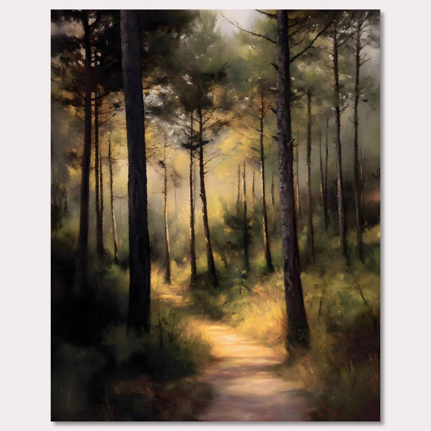 A sunlit forest trail winds through tall trees, their trunks casting long shadows across the mossy ground. Light spills softly in the distance, inviting steps forward into peace. This is not a destination — it's a journey into serenity.