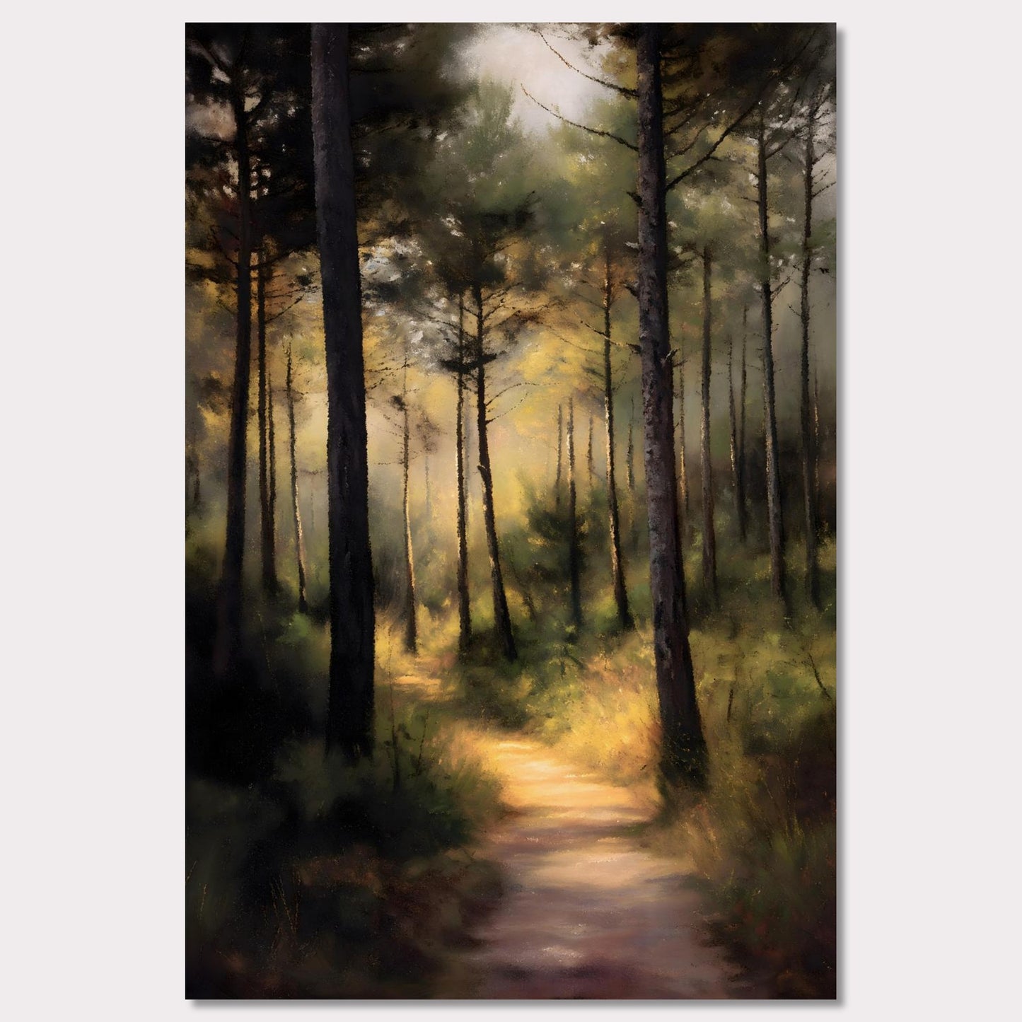 A sunlit forest trail winds through tall trees, their trunks casting long shadows across the mossy ground. Light spills softly in the distance, inviting steps forward into peace. This is not a destination — it's a journey into serenity.