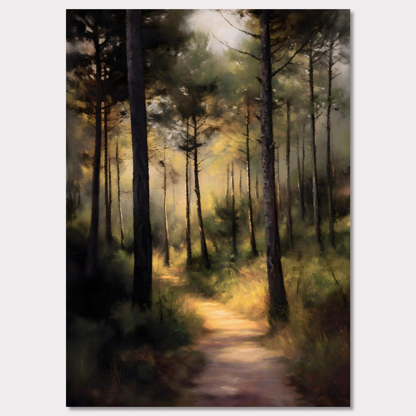 A sunlit forest trail winds through tall trees, their trunks casting long shadows across the mossy ground. Light spills softly in the distance, inviting steps forward into peace. This is not a destination — it's a journey into serenity.