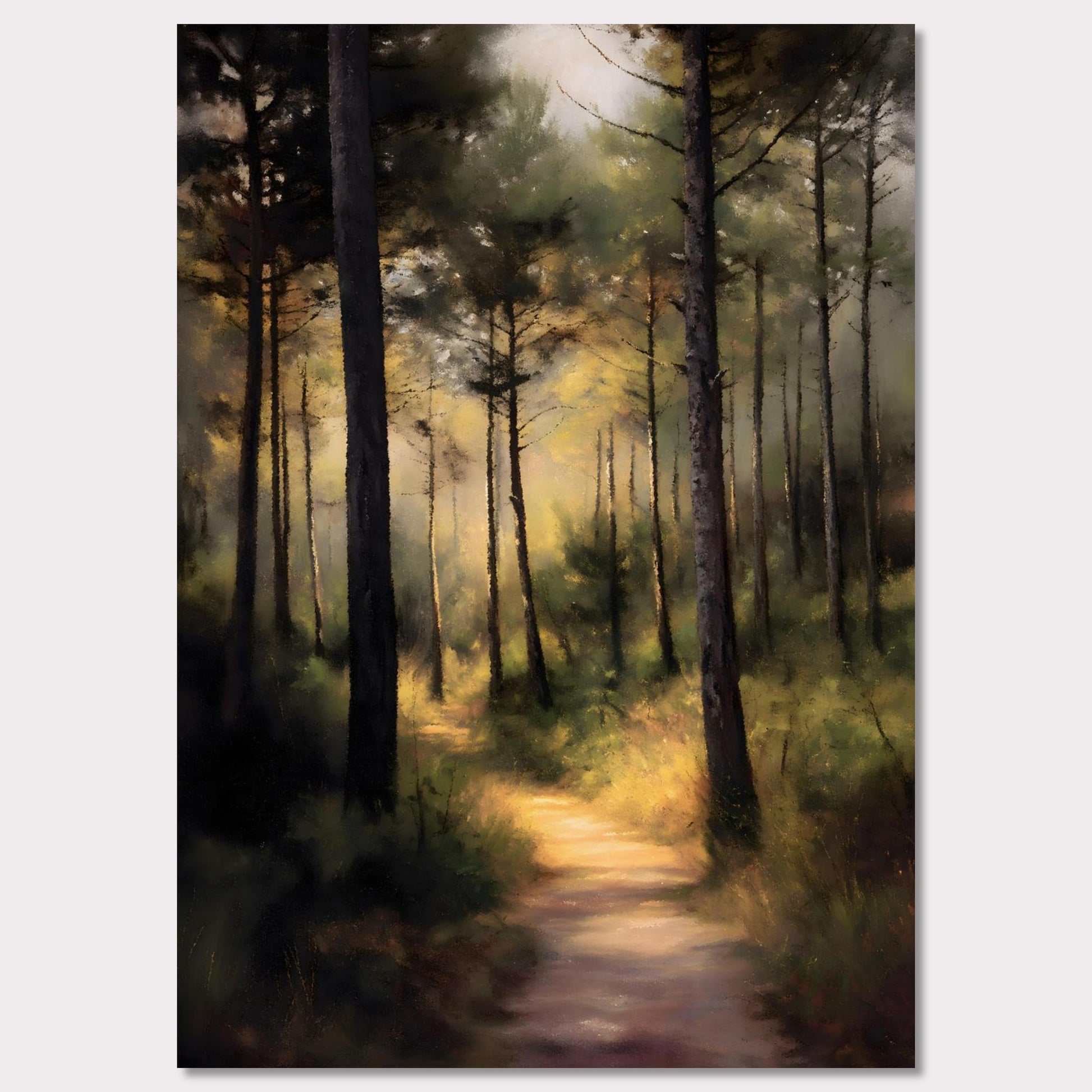 A sunlit forest trail winds through tall trees, their trunks casting long shadows across the mossy ground. Light spills softly in the distance, inviting steps forward into peace. This is not a destination — it's a journey into serenity.