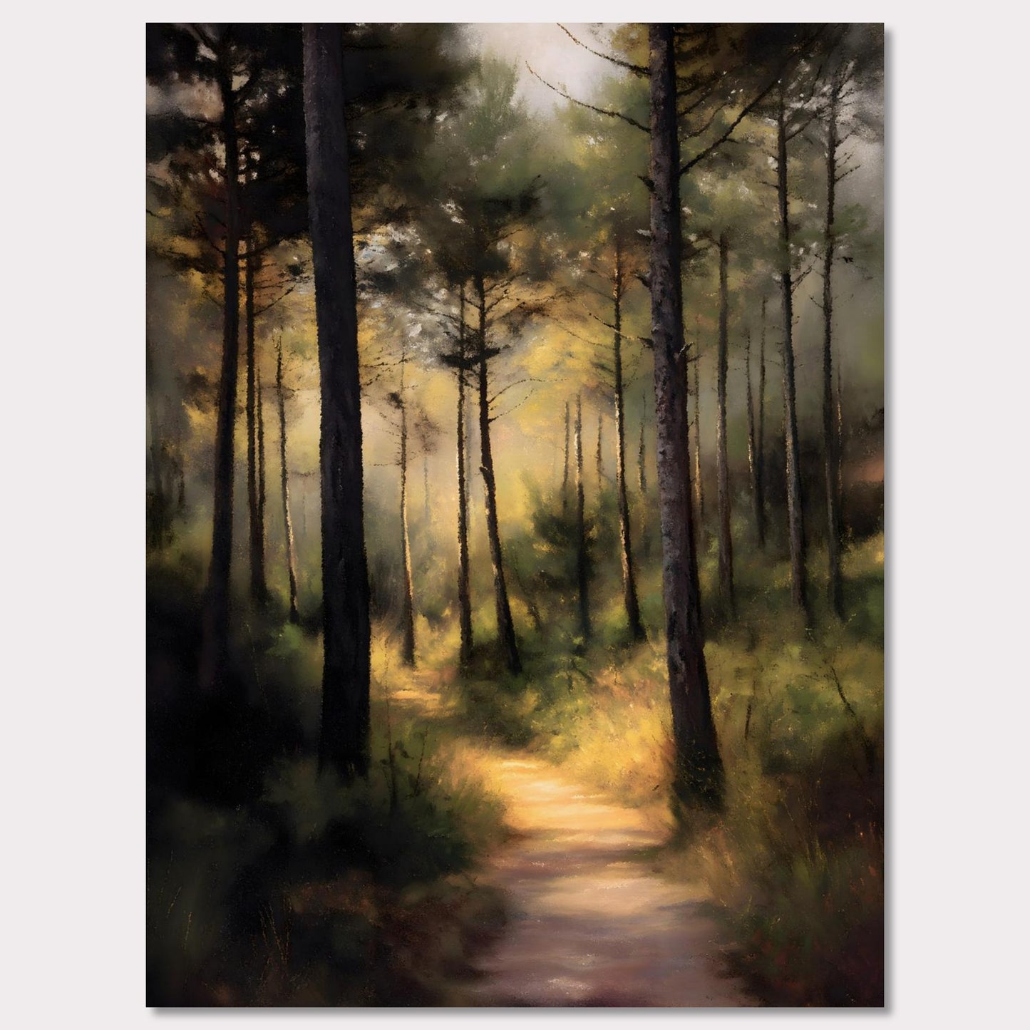 A sunlit forest trail winds through tall trees, their trunks casting long shadows across the mossy ground. Light spills softly in the distance, inviting steps forward into peace. This is not a destination — it's a journey into serenity.