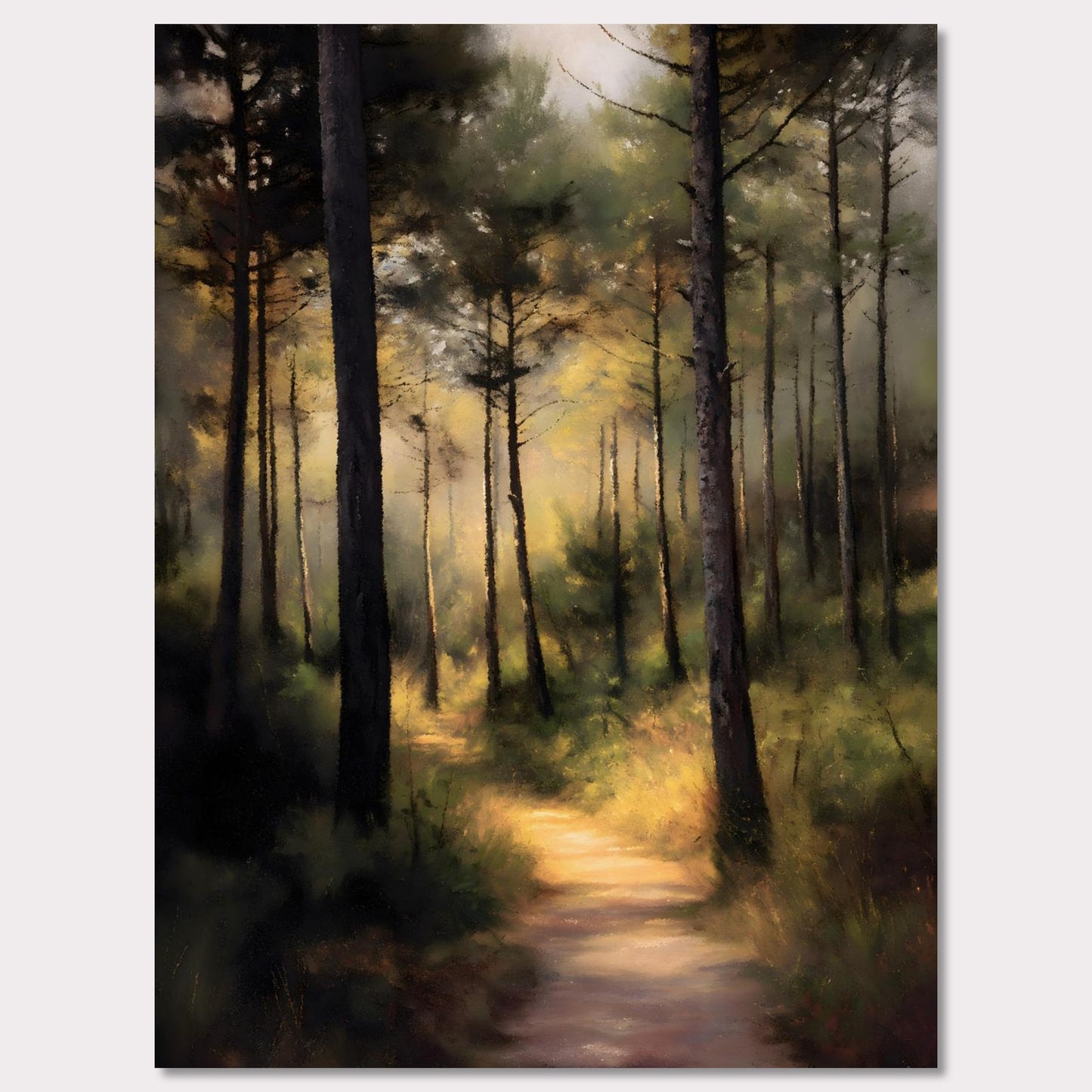 A sunlit forest trail winds through tall trees, their trunks casting long shadows across the mossy ground. Light spills softly in the distance, inviting steps forward into peace. This is not a destination — it's a journey into serenity.