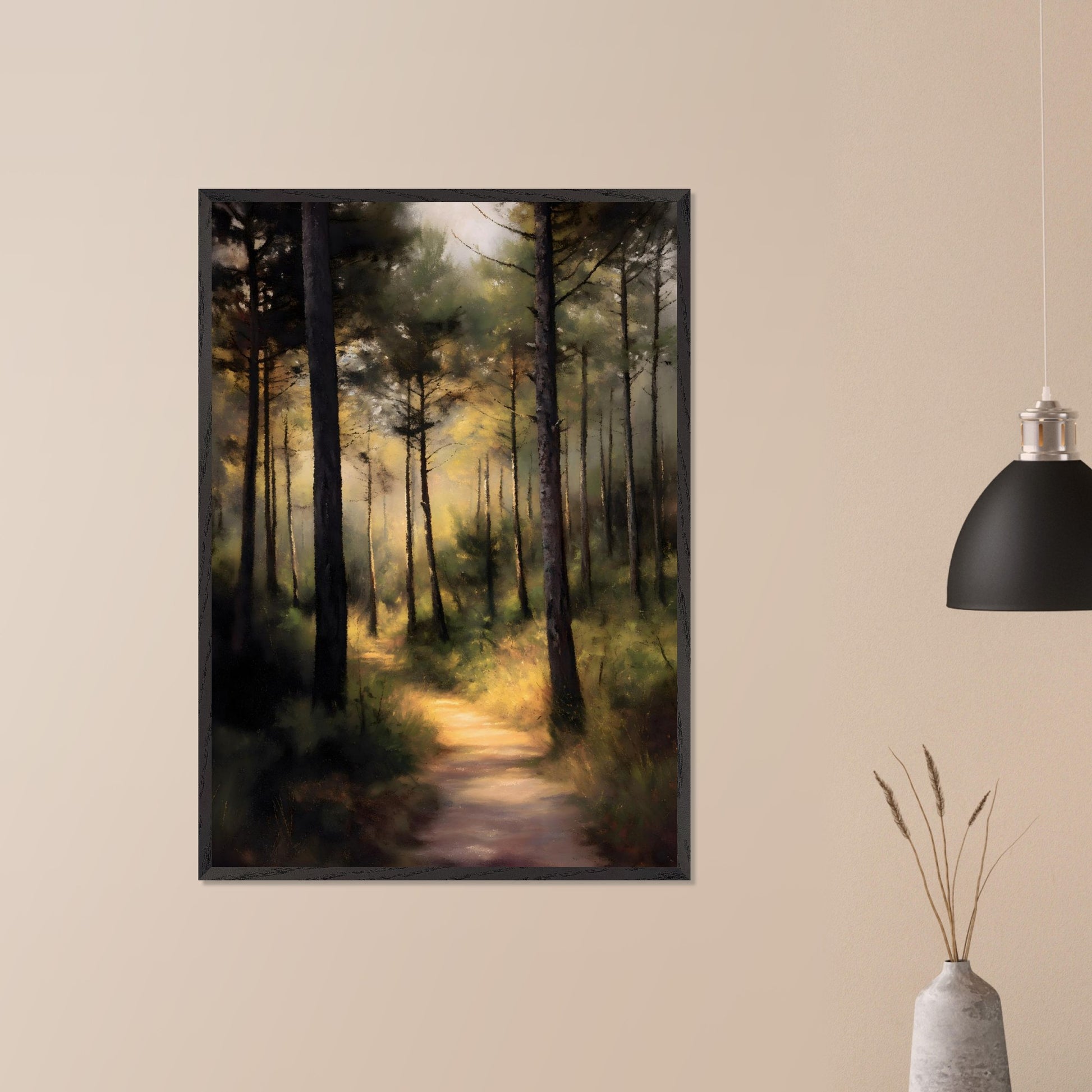 A sunlit forest trail winds through tall trees, their trunks casting long shadows across the mossy ground. Light spills softly in the distance, inviting steps forward into peace. This is not a destination — it's a journey into serenity.