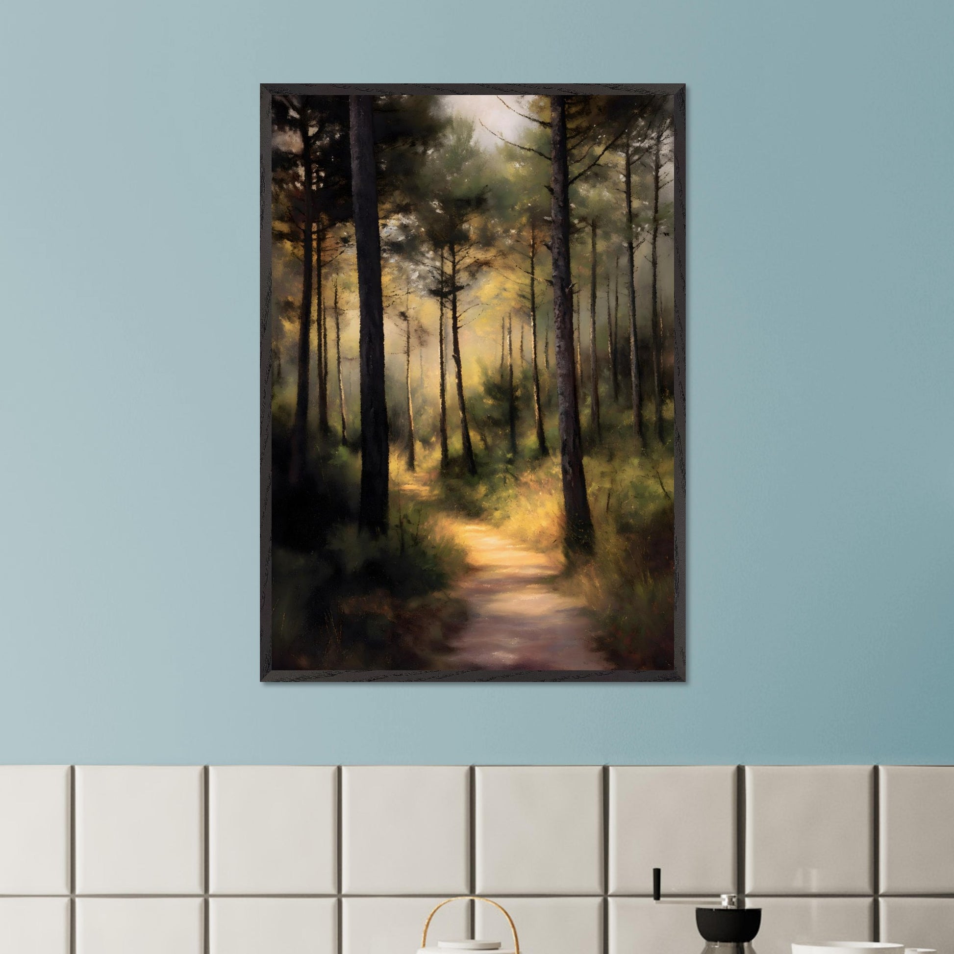 A sunlit forest trail winds through tall trees, their trunks casting long shadows across the mossy ground. Light spills softly in the distance, inviting steps forward into peace. This is not a destination — it's a journey into serenity.