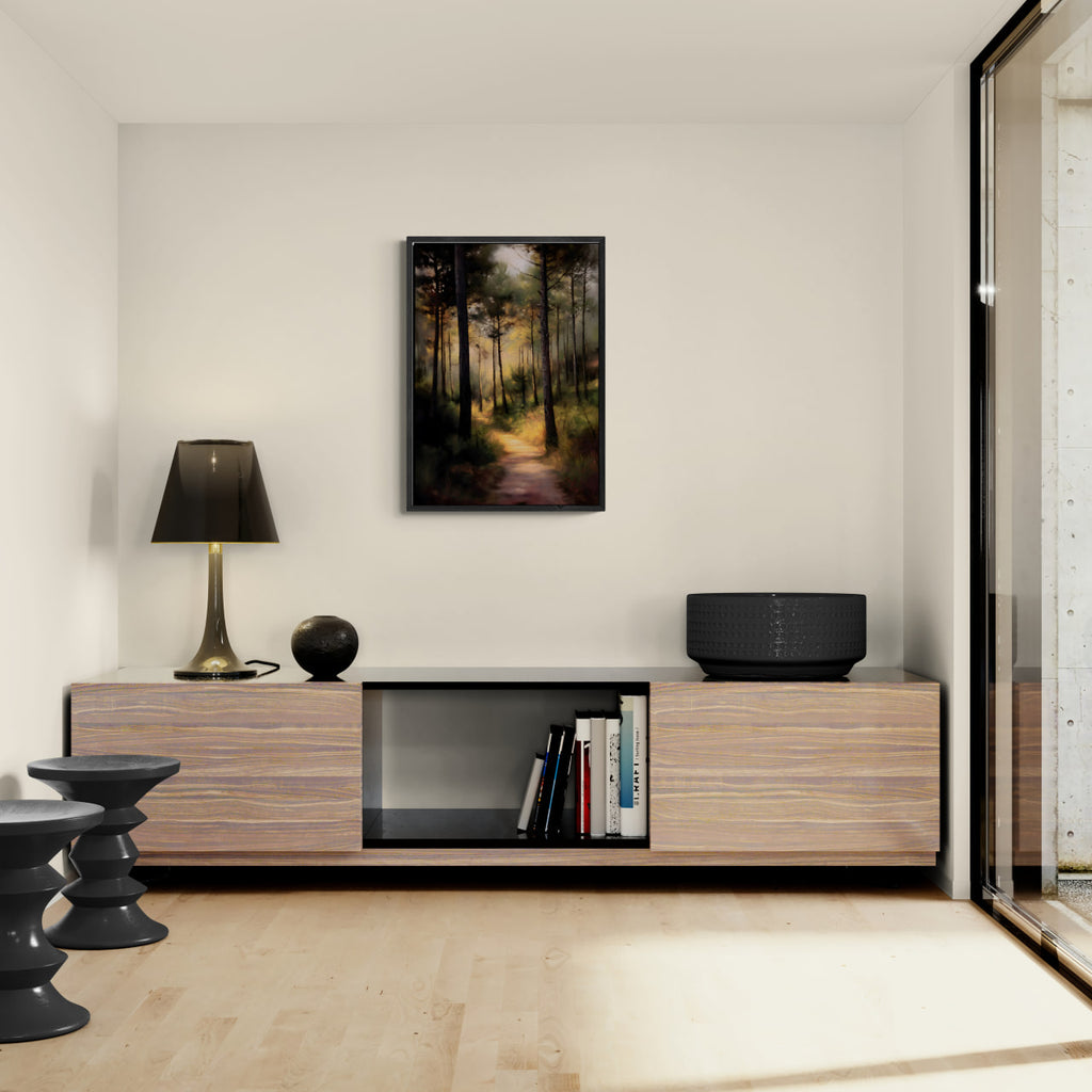 Alps Path - Poster hanging in a modern living room, showcasing warm sunlight filtering through a forest.