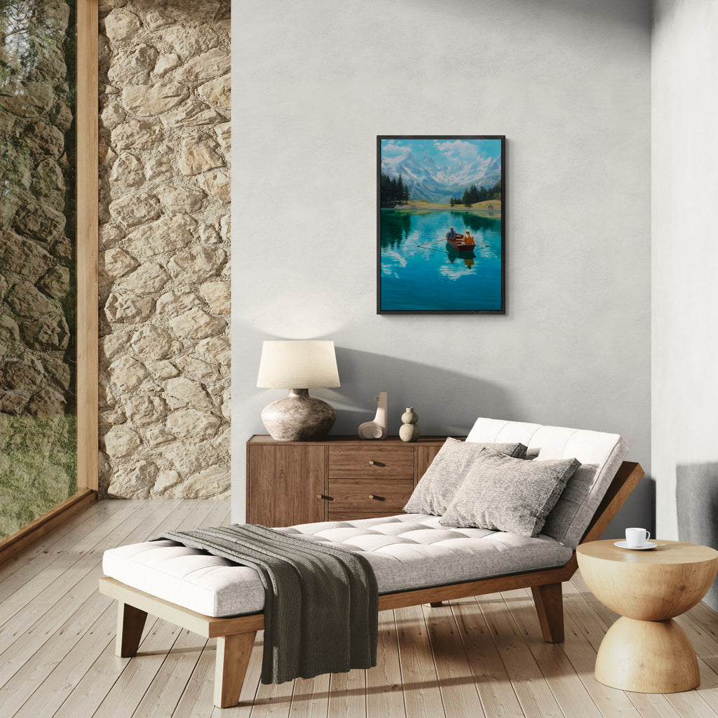 Alps Rowing - Poster displayed in a modern living room with a cozy chaise lounge and natural stone wall.