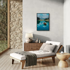 Alps Rowing - Poster displayed in a modern living room with a cozy chaise lounge and natural stone wall.