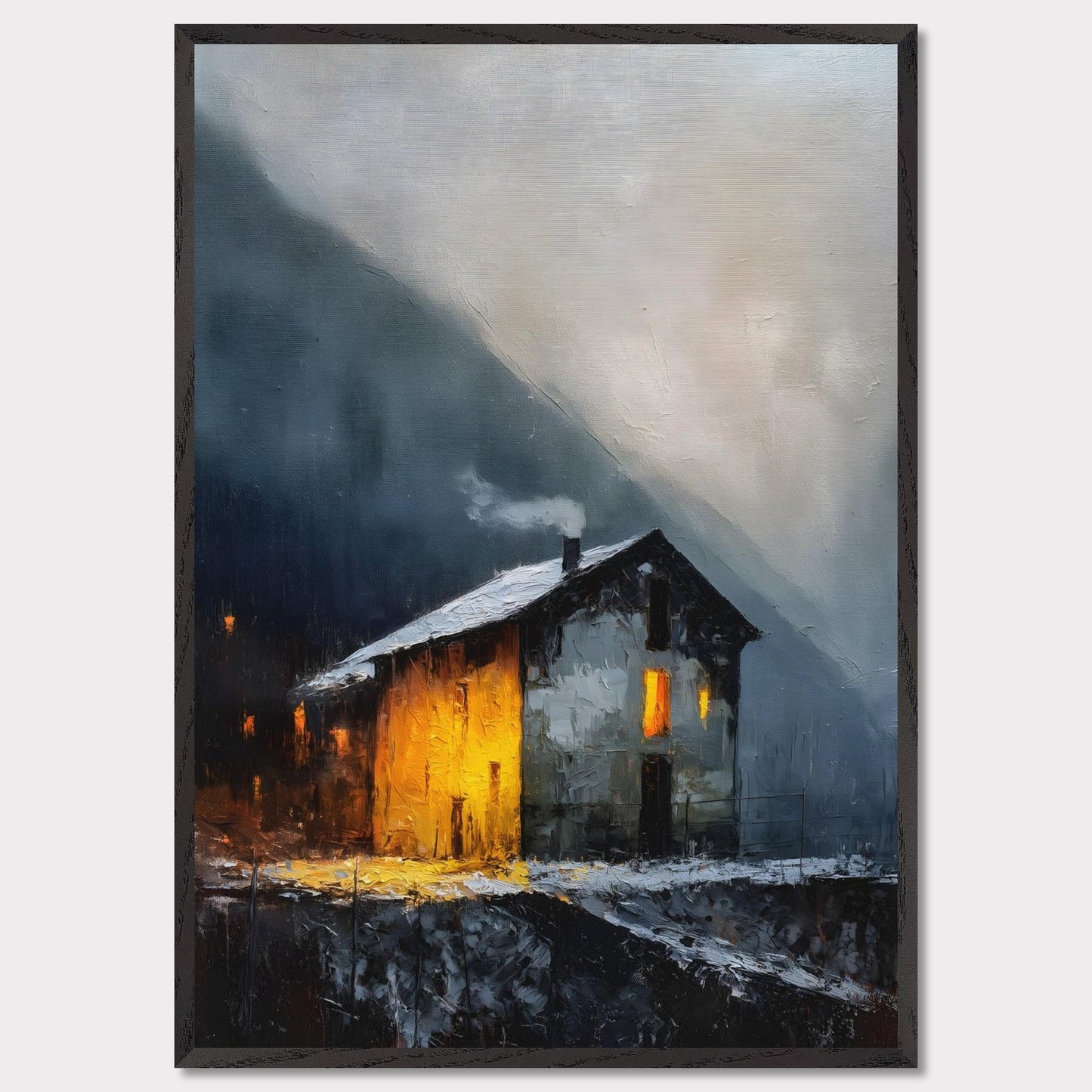 A lone alpine house burns golden against a dark and stormy backdrop. Snow lies quietly on the ground, while inside, a hearth glows with defiance and warmth. It’s a scene of refuge, strength, and a reminder that warmth is made, not found.