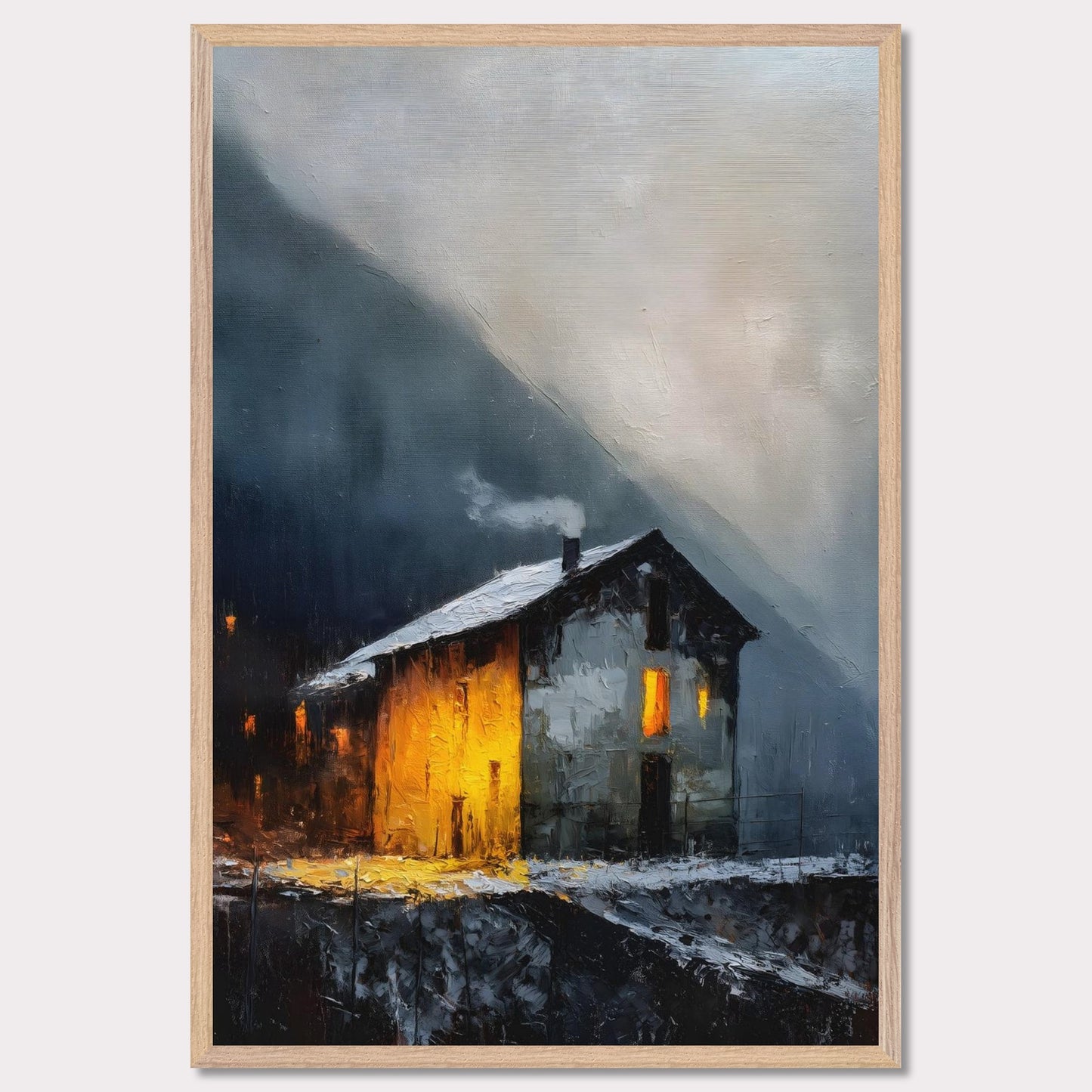 A lone alpine house burns golden against a dark and stormy backdrop. Snow lies quietly on the ground, while inside, a hearth glows with defiance and warmth. It’s a scene of refuge, strength, and a reminder that warmth is made, not found.