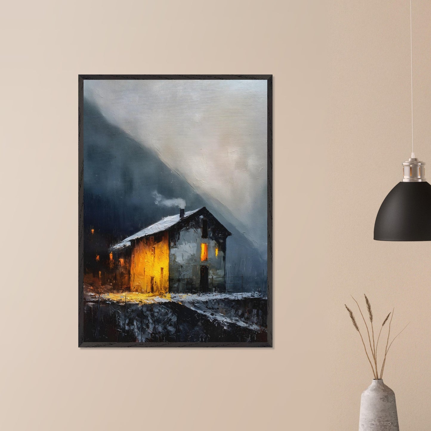 A lone alpine house burns golden against a dark and stormy backdrop. Snow lies quietly on the ground, while inside, a hearth glows with defiance and warmth. It’s a scene of refuge, strength, and a reminder that warmth is made, not found.