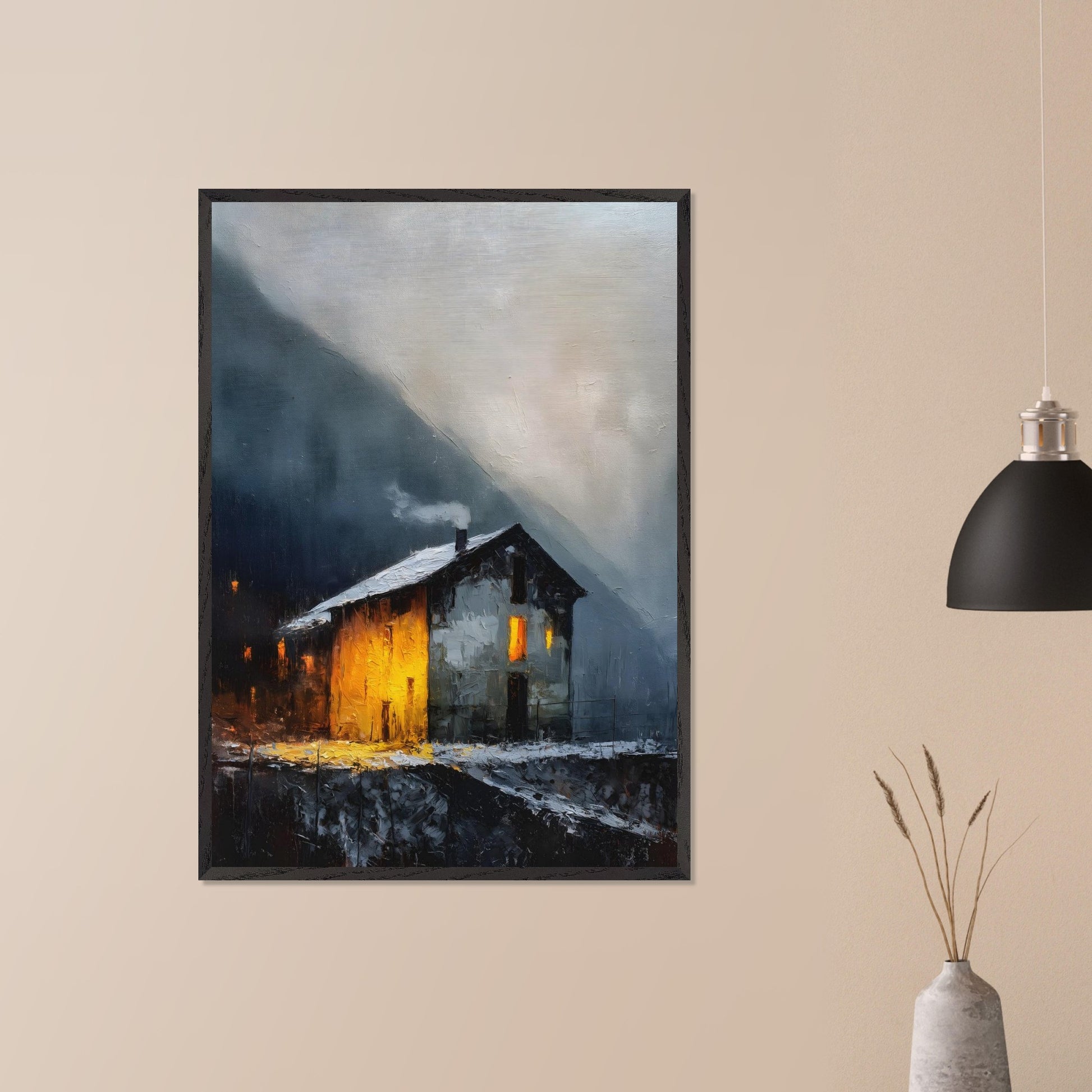 A lone alpine house burns golden against a dark and stormy backdrop. Snow lies quietly on the ground, while inside, a hearth glows with defiance and warmth. It’s a scene of refuge, strength, and a reminder that warmth is made, not found.