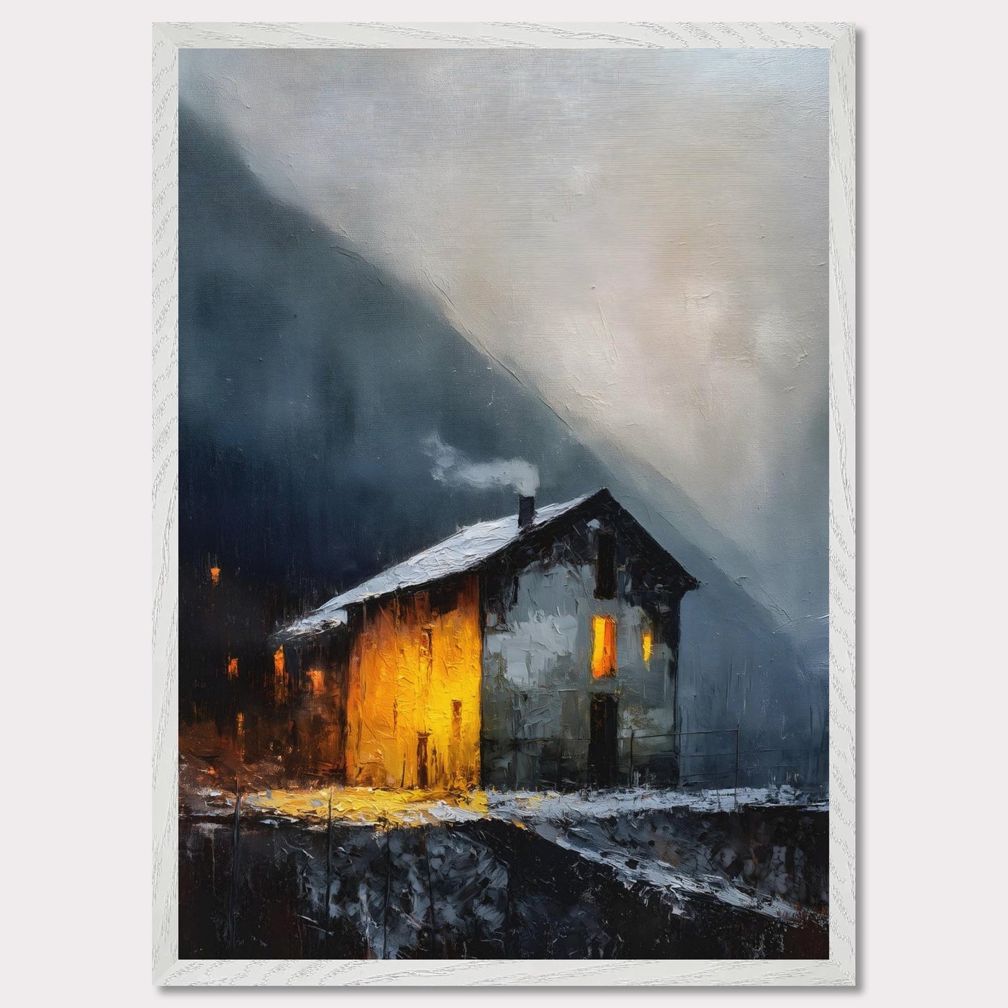 A lone alpine house burns golden against a dark and stormy backdrop. Snow lies quietly on the ground, while inside, a hearth glows with defiance and warmth. It’s a scene of refuge, strength, and a reminder that warmth is made, not found.