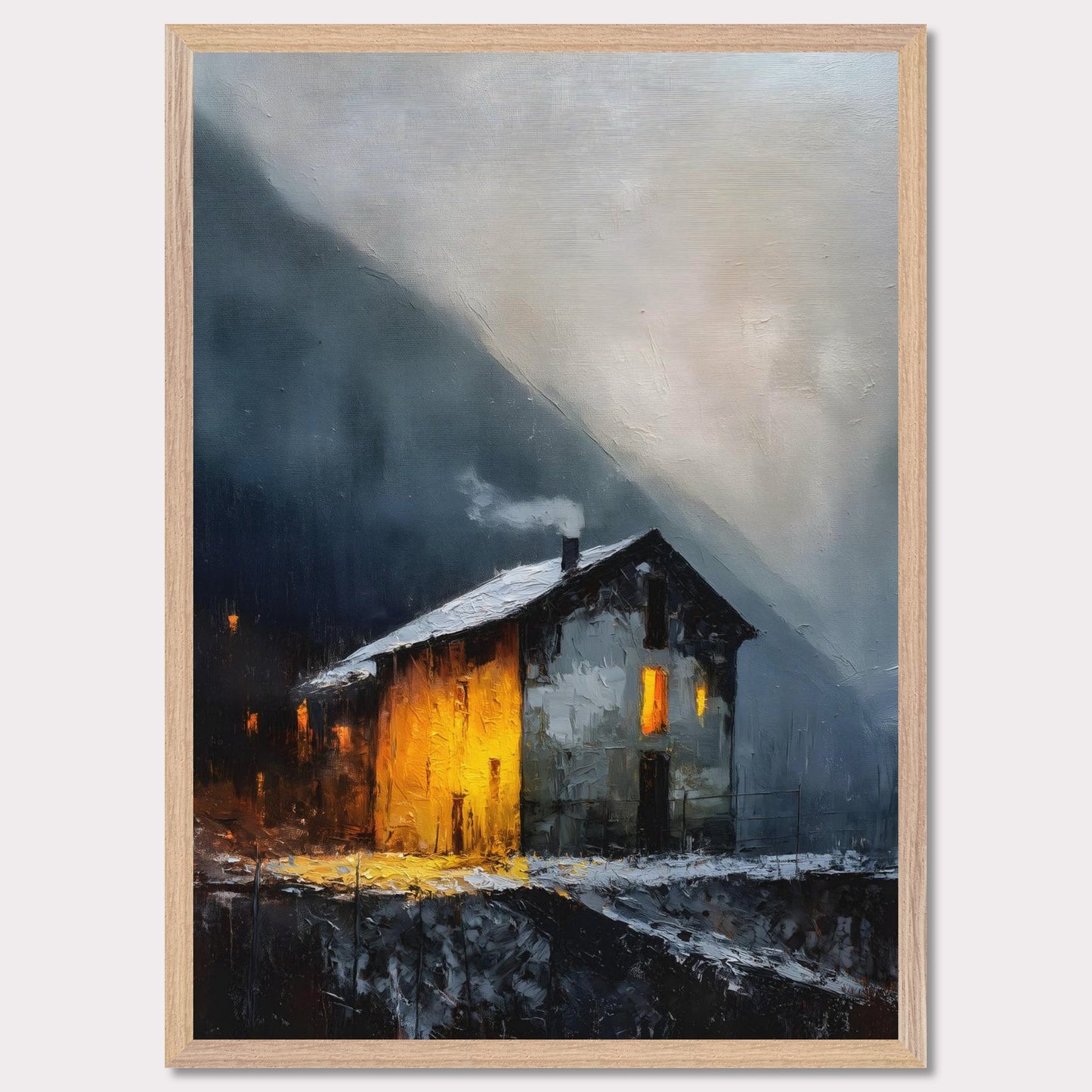 A lone alpine house burns golden against a dark and stormy backdrop. Snow lies quietly on the ground, while inside, a hearth glows with defiance and warmth. It’s a scene of refuge, strength, and a reminder that warmth is made, not found.