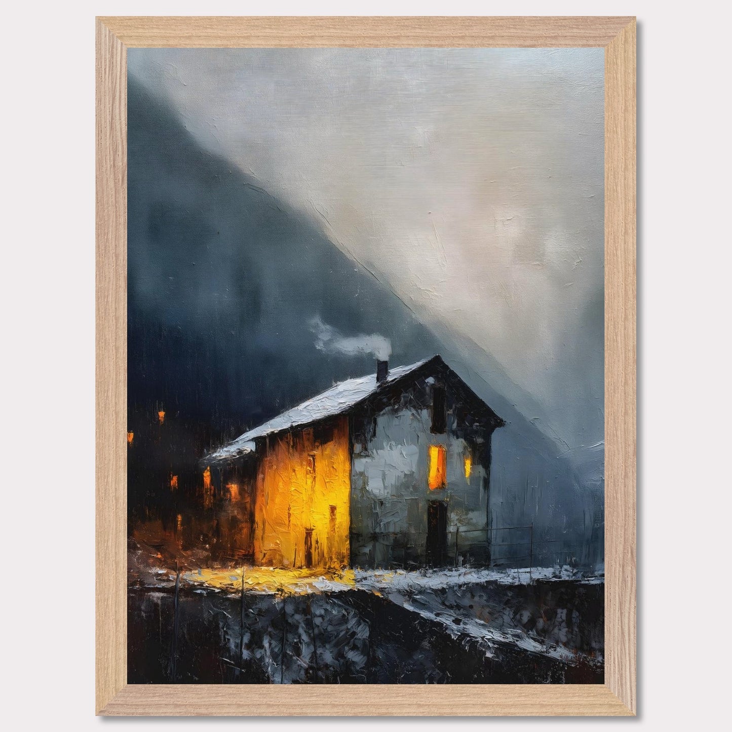 A lone alpine house burns golden against a dark and stormy backdrop. Snow lies quietly on the ground, while inside, a hearth glows with defiance and warmth. It’s a scene of refuge, strength, and a reminder that warmth is made, not found.