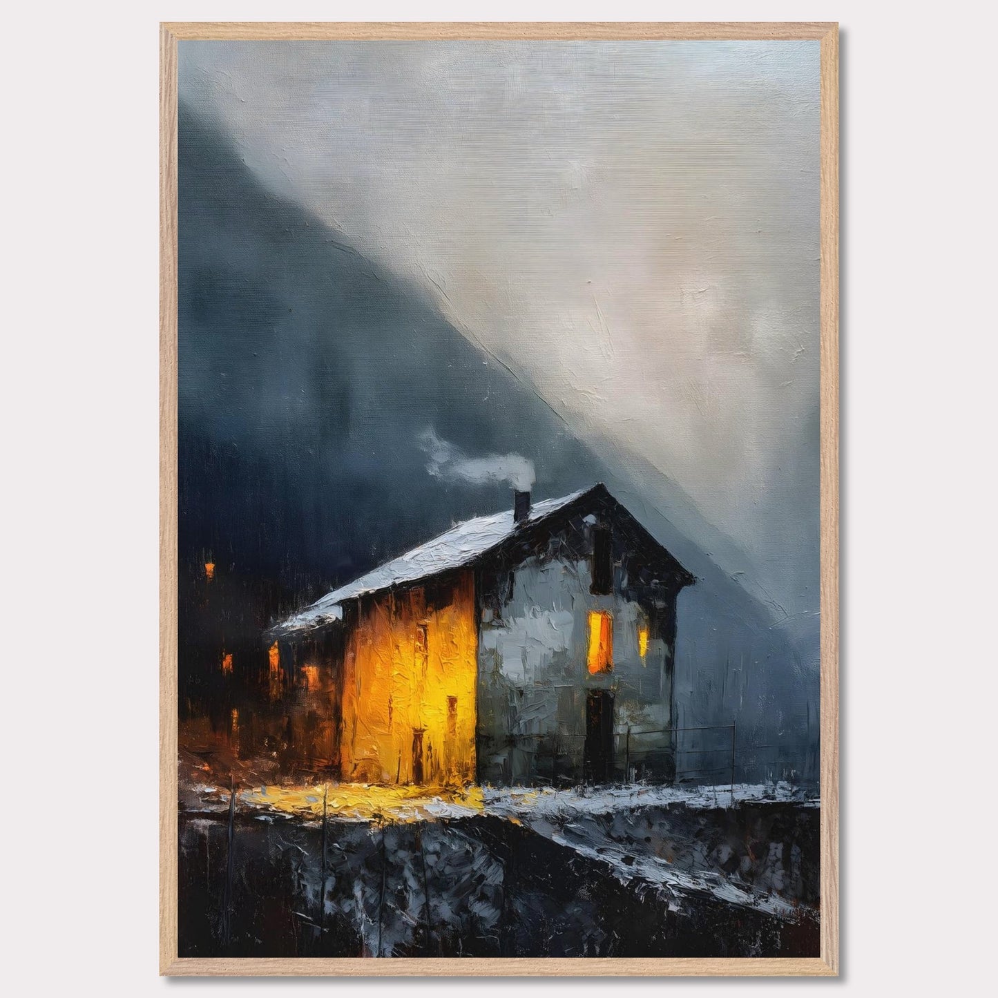 A lone alpine house burns golden against a dark and stormy backdrop. Snow lies quietly on the ground, while inside, a hearth glows with defiance and warmth. It’s a scene of refuge, strength, and a reminder that warmth is made, not found.