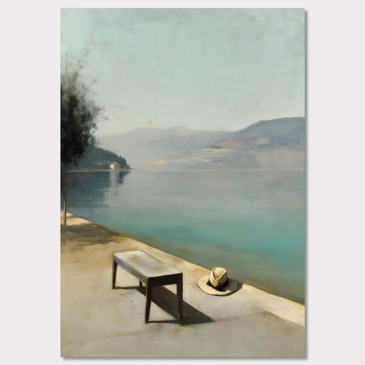 A hat rests beside a bench, left behind or waiting. The water lies smooth as glass, fading into soft mountains and a pale, endless sky. Everything stands still — as if the world paused for breath.