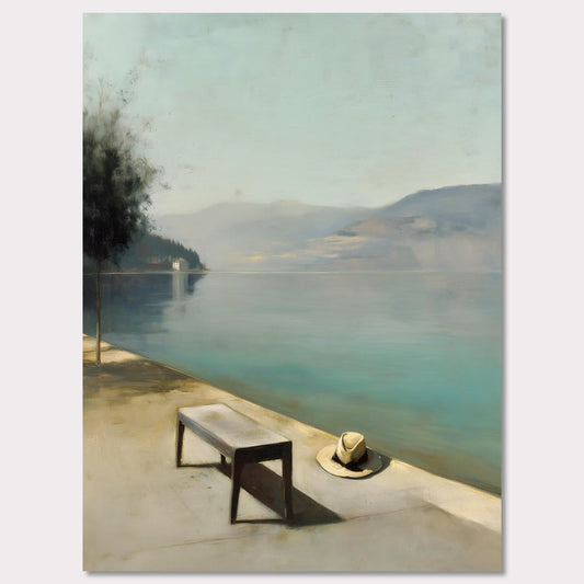 A hat rests beside a bench, left behind or waiting. The water lies smooth as glass, fading into soft mountains and a pale, endless sky. Everything stands still — as if the world paused for breath.