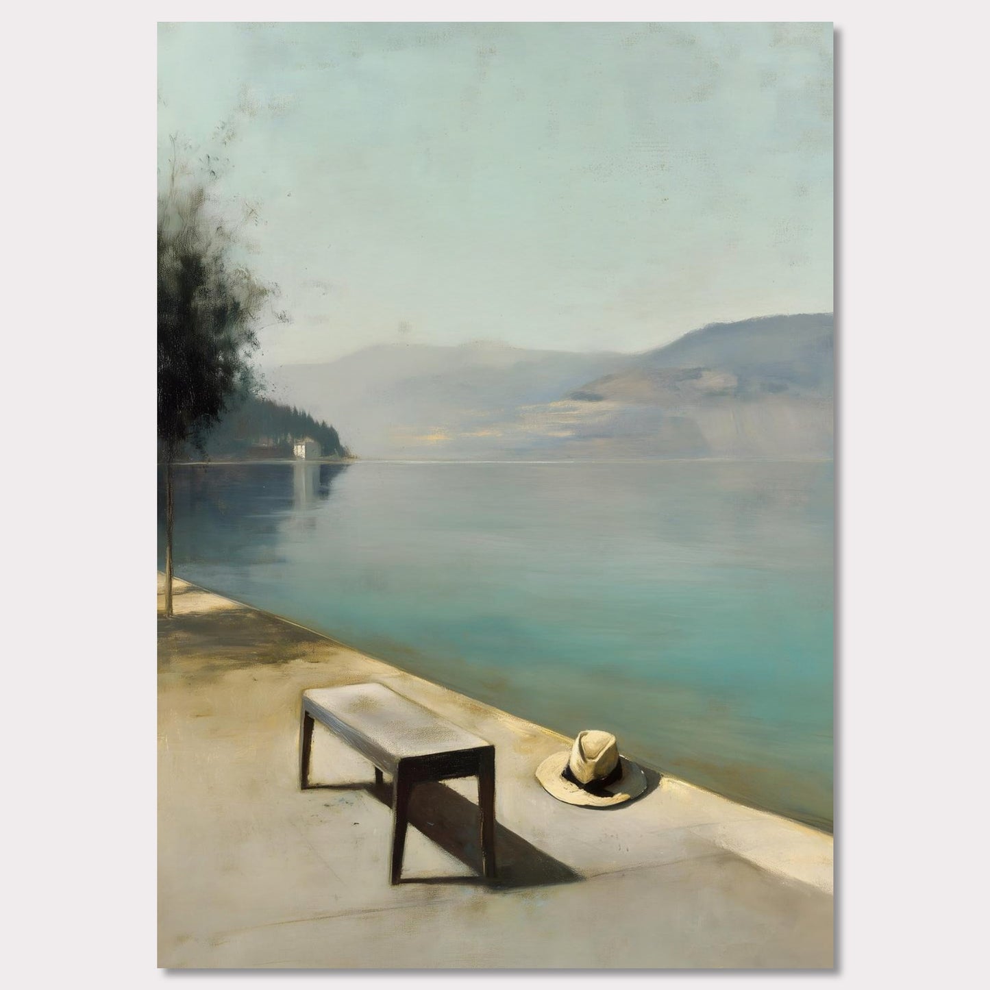 A hat rests beside a bench, left behind or waiting. The water lies smooth as glass, fading into soft mountains and a pale, endless sky. Everything stands still — as if the world paused for breath.