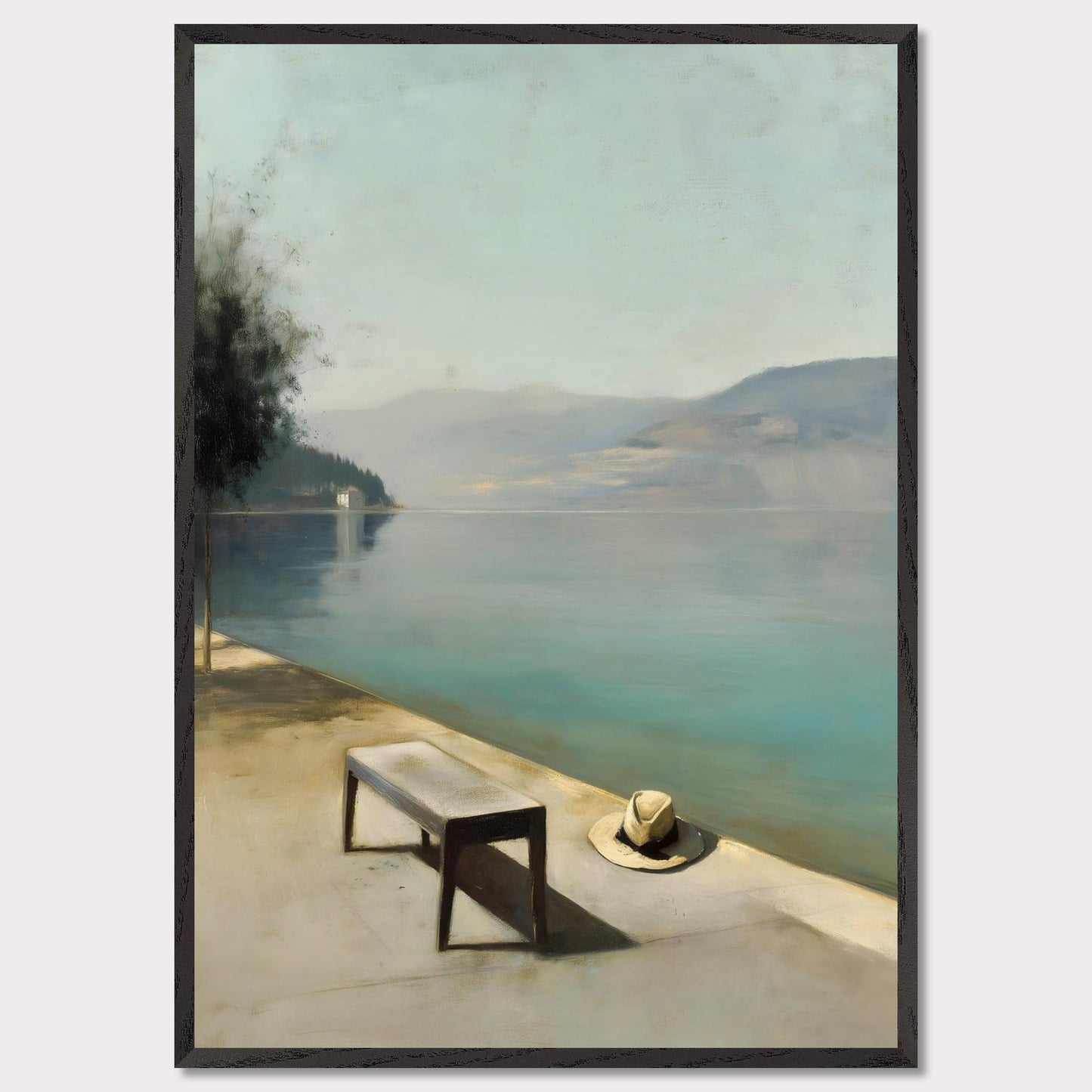 A hat rests beside a bench, left behind or waiting. The water lies smooth as glass, fading into soft mountains and a pale, endless sky. Everything stands still — as if the world paused for breath.