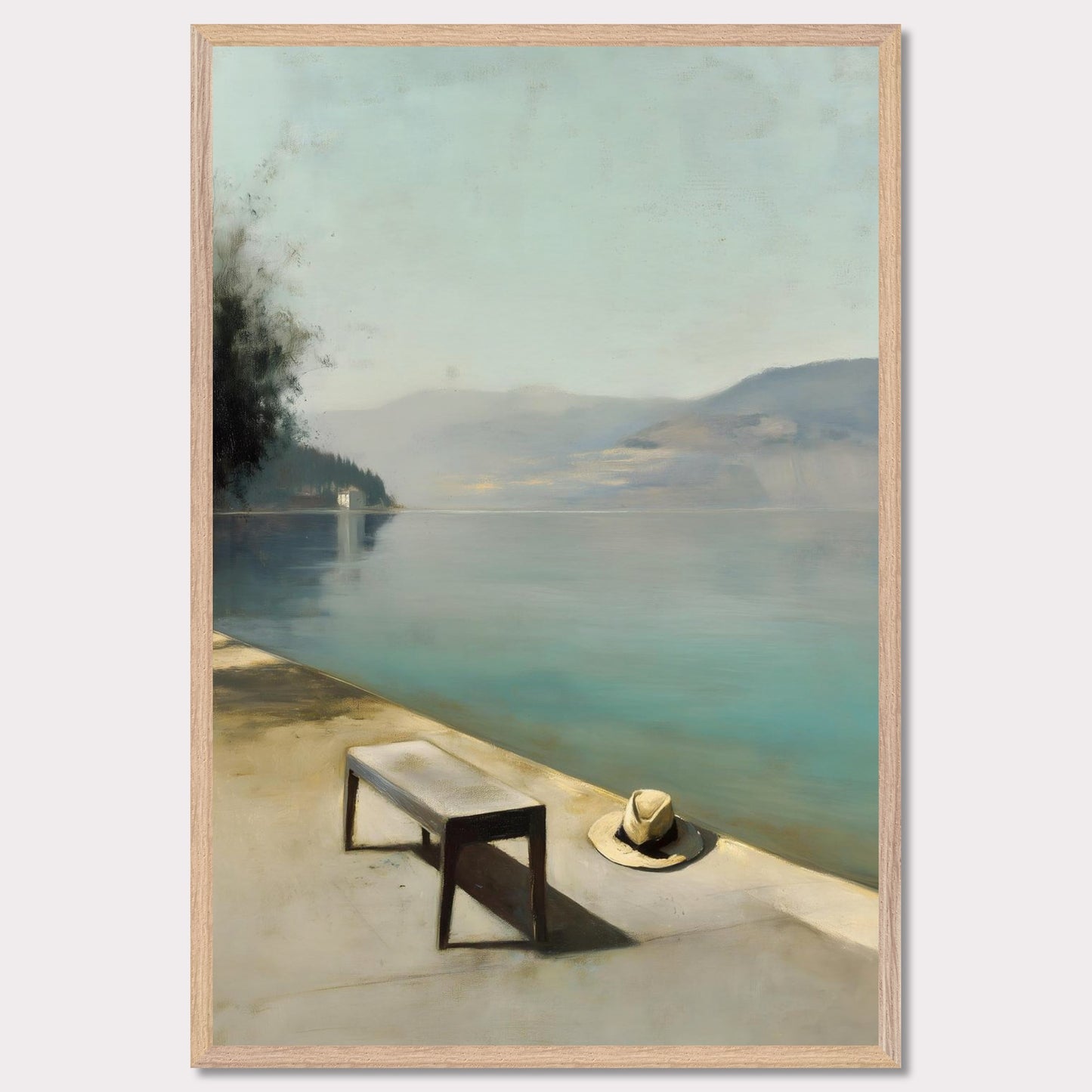 A hat rests beside a bench, left behind or waiting. The water lies smooth as glass, fading into soft mountains and a pale, endless sky. Everything stands still — as if the world paused for breath.