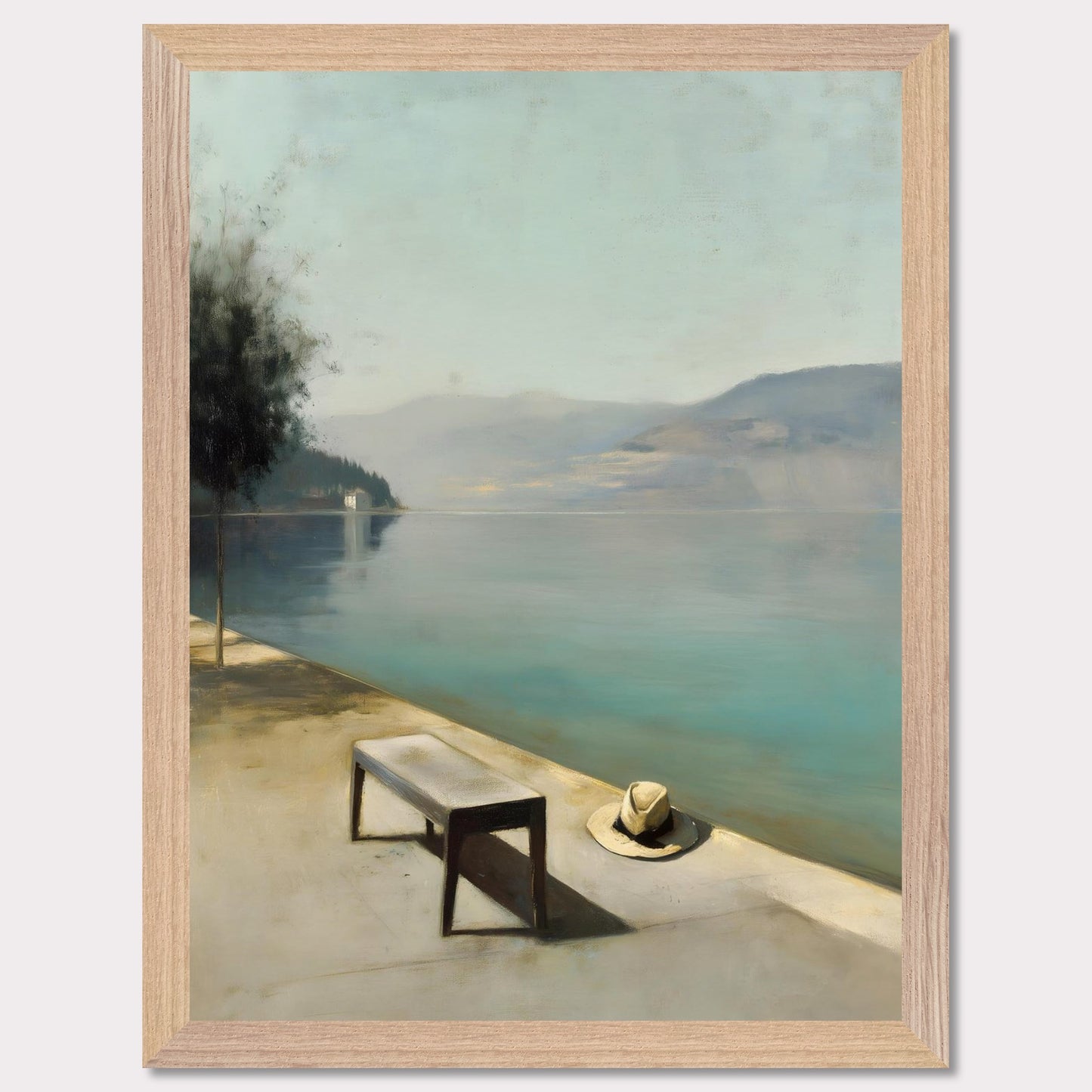 A hat rests beside a bench, left behind or waiting. The water lies smooth as glass, fading into soft mountains and a pale, endless sky. Everything stands still — as if the world paused for breath.