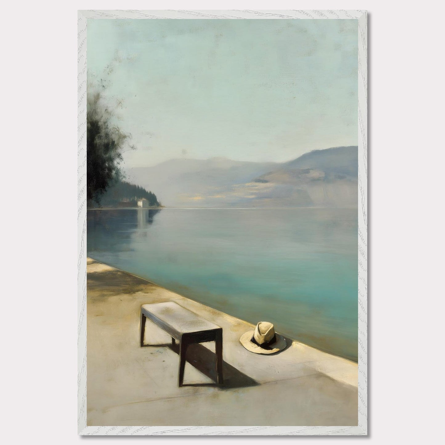 A hat rests beside a bench, left behind or waiting. The water lies smooth as glass, fading into soft mountains and a pale, endless sky. Everything stands still — as if the world paused for breath.