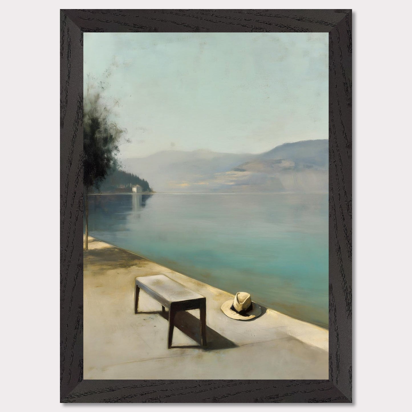 A hat rests beside a bench, left behind or waiting. The water lies smooth as glass, fading into soft mountains and a pale, endless sky. Everything stands still — as if the world paused for breath.