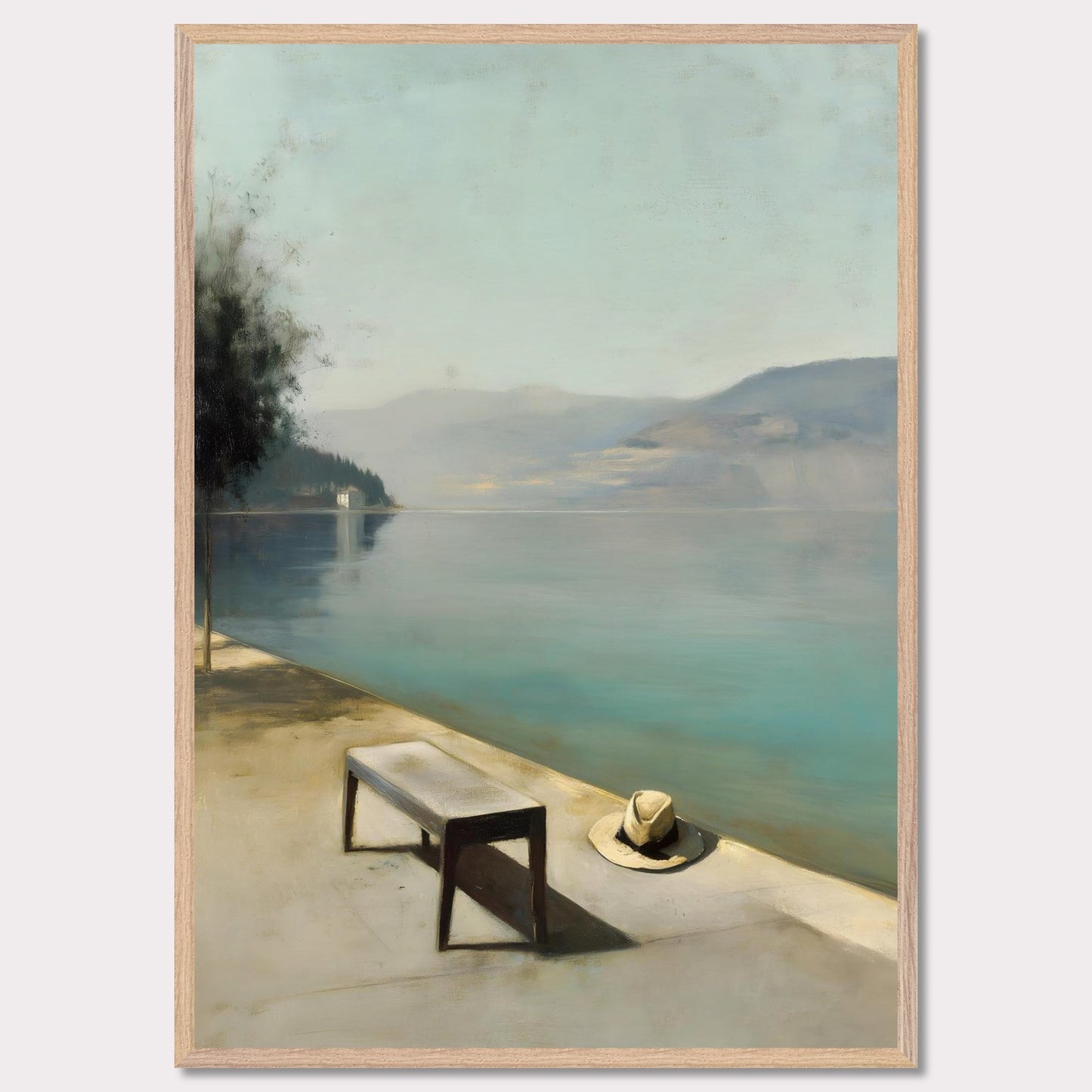 A hat rests beside a bench, left behind or waiting. The water lies smooth as glass, fading into soft mountains and a pale, endless sky. Everything stands still — as if the world paused for breath.