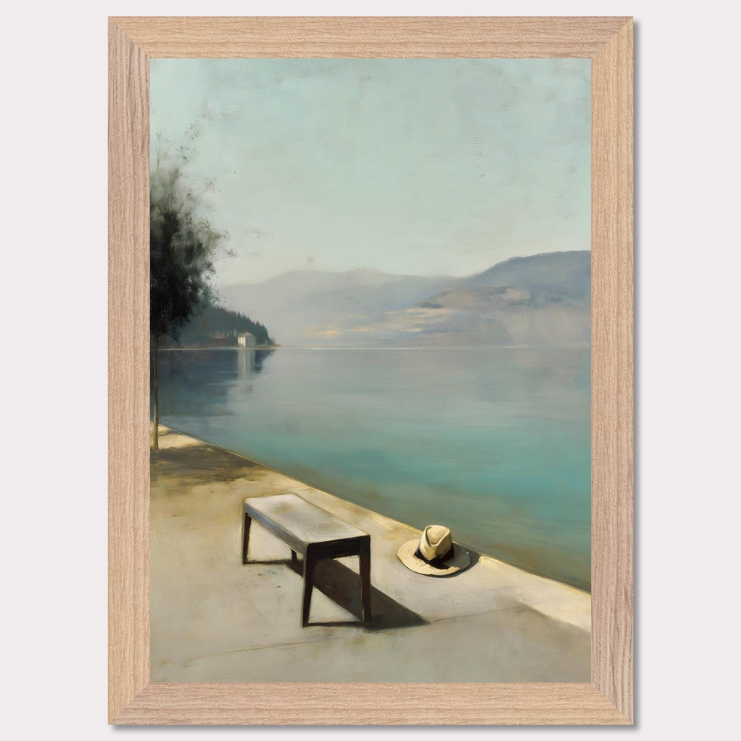 A hat rests beside a bench, left behind or waiting. The water lies smooth as glass, fading into soft mountains and a pale, endless sky. Everything stands still — as if the world paused for breath.