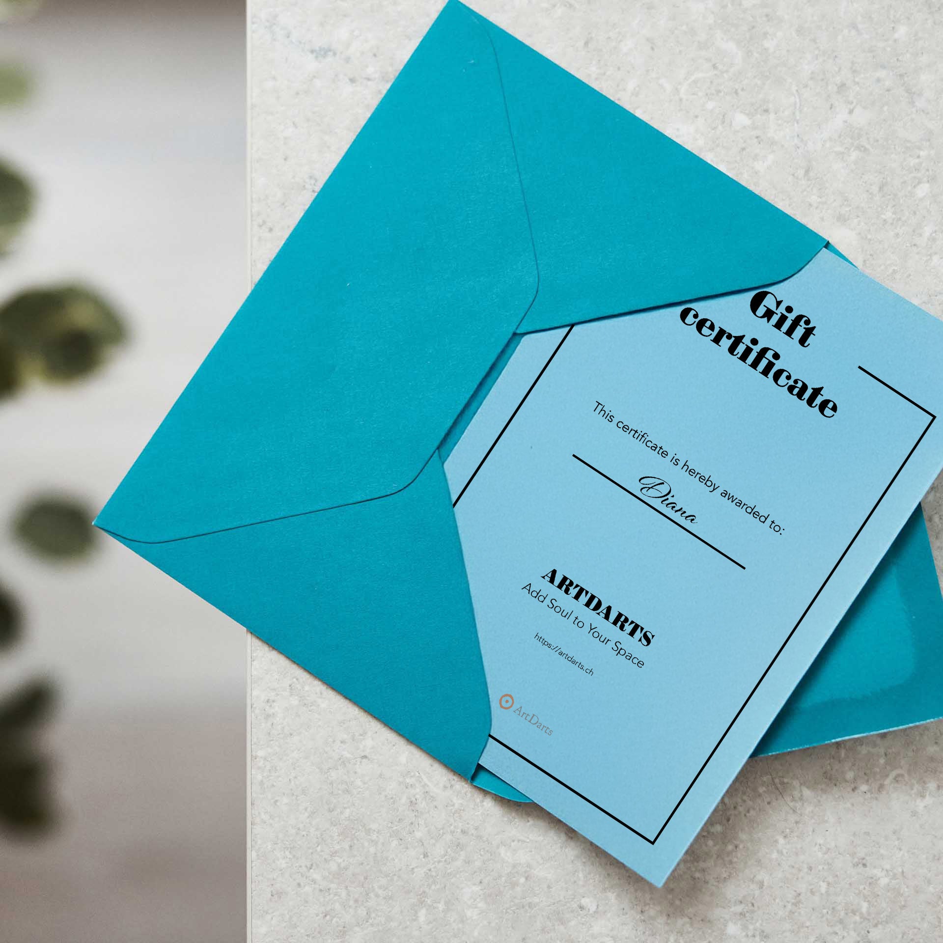 ArtDarts Gift Card - Physical in a blue envelope with a personalized certificate
