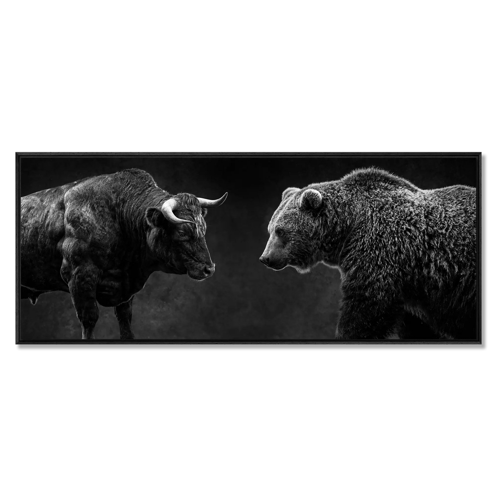 Balance of Power artwork featuring a bull and bear in a black floater frame, symbolizing market tension.