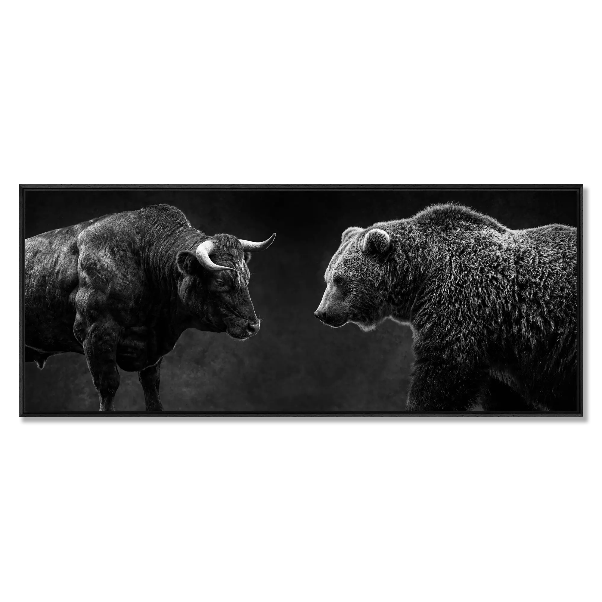 Balance of Power artwork featuring a bull and bear in a black floater frame, symbolizing market tension.