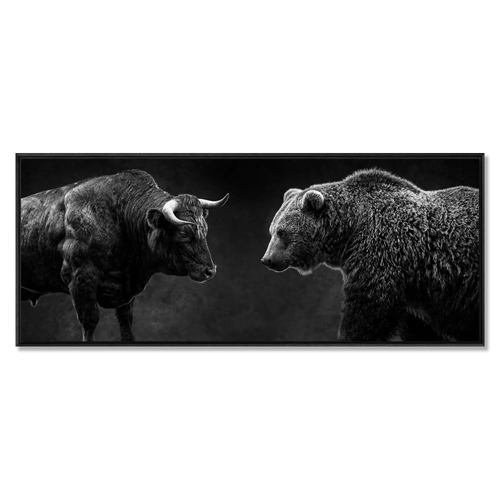 Balance of Power large alpine wall art XXL features a black floater frame with bull and bear facing in controlled tension.