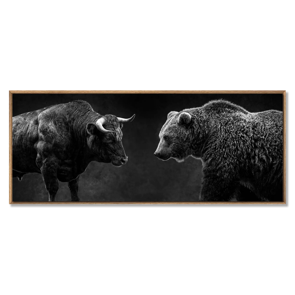 Balance of Power artwork featuring a bull and bear in a floater frame, symbolizing market tension and control.