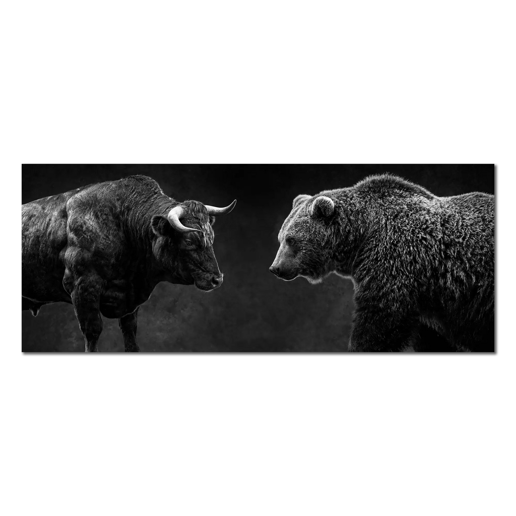 Balance of Power: A bull and bear face each other in controlled tension, symbolizing market dynamics without chaos.