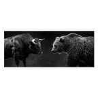 Balance of Power: A bull and bear face each other in controlled tension, symbolizing market dynamics without chaos.